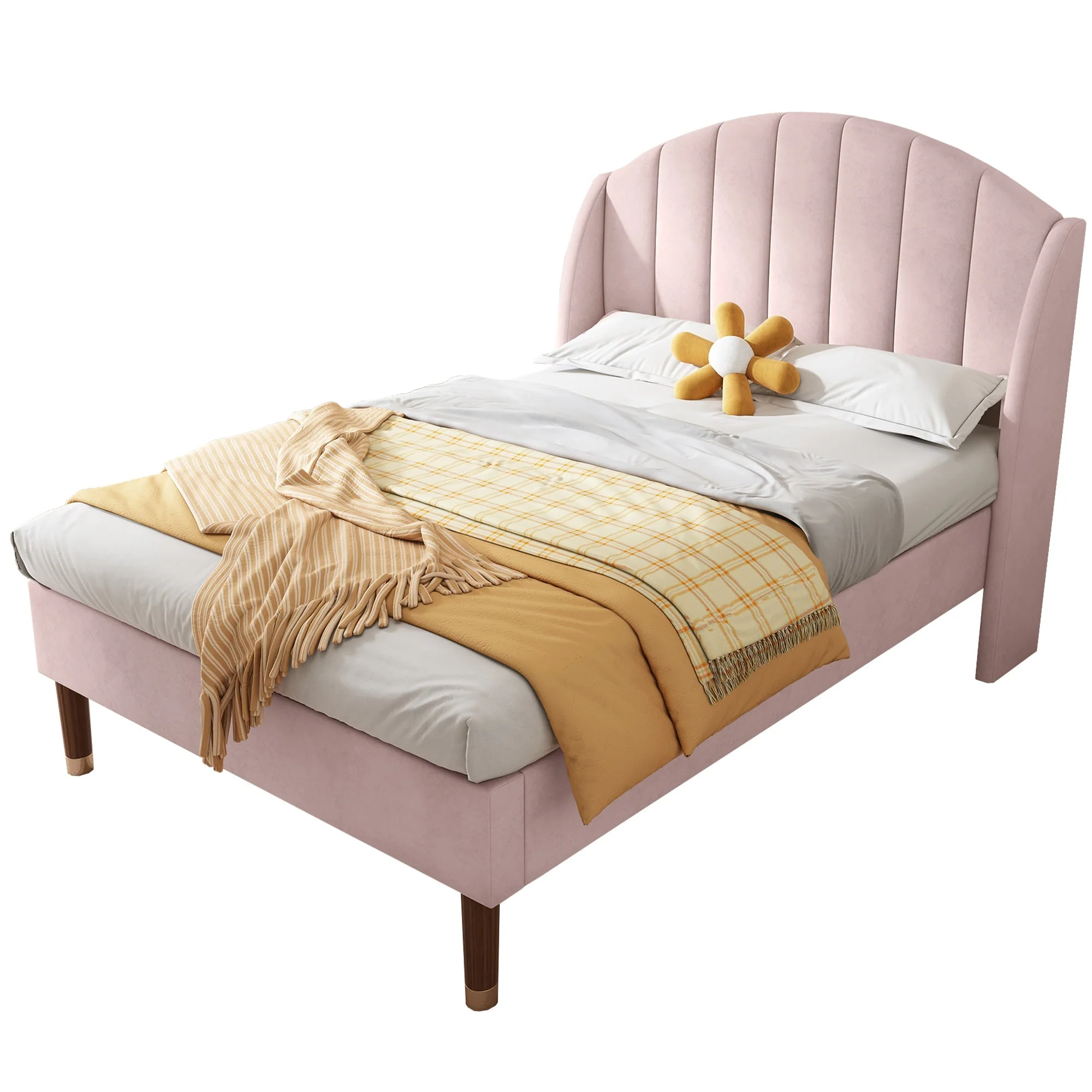 Pink Velvet Upholstered Single Bed with Padded Headboard & Slatted Frame (3ft / 90×190cm) - Image 7