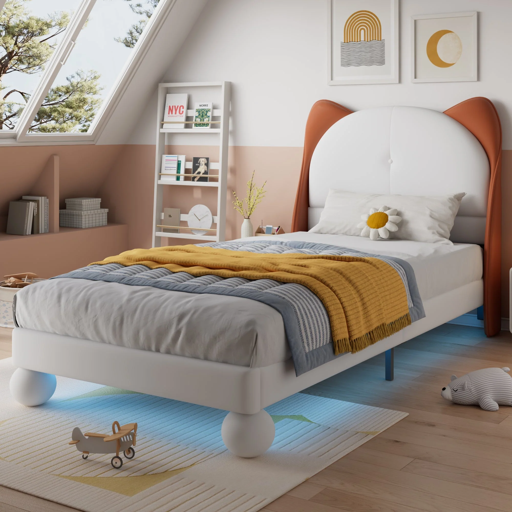 Upholstered Bed, Single/Children's, Cat-Ear Headboard, LED Light Strip, Beige + Yellow-Brown PU - Image 3