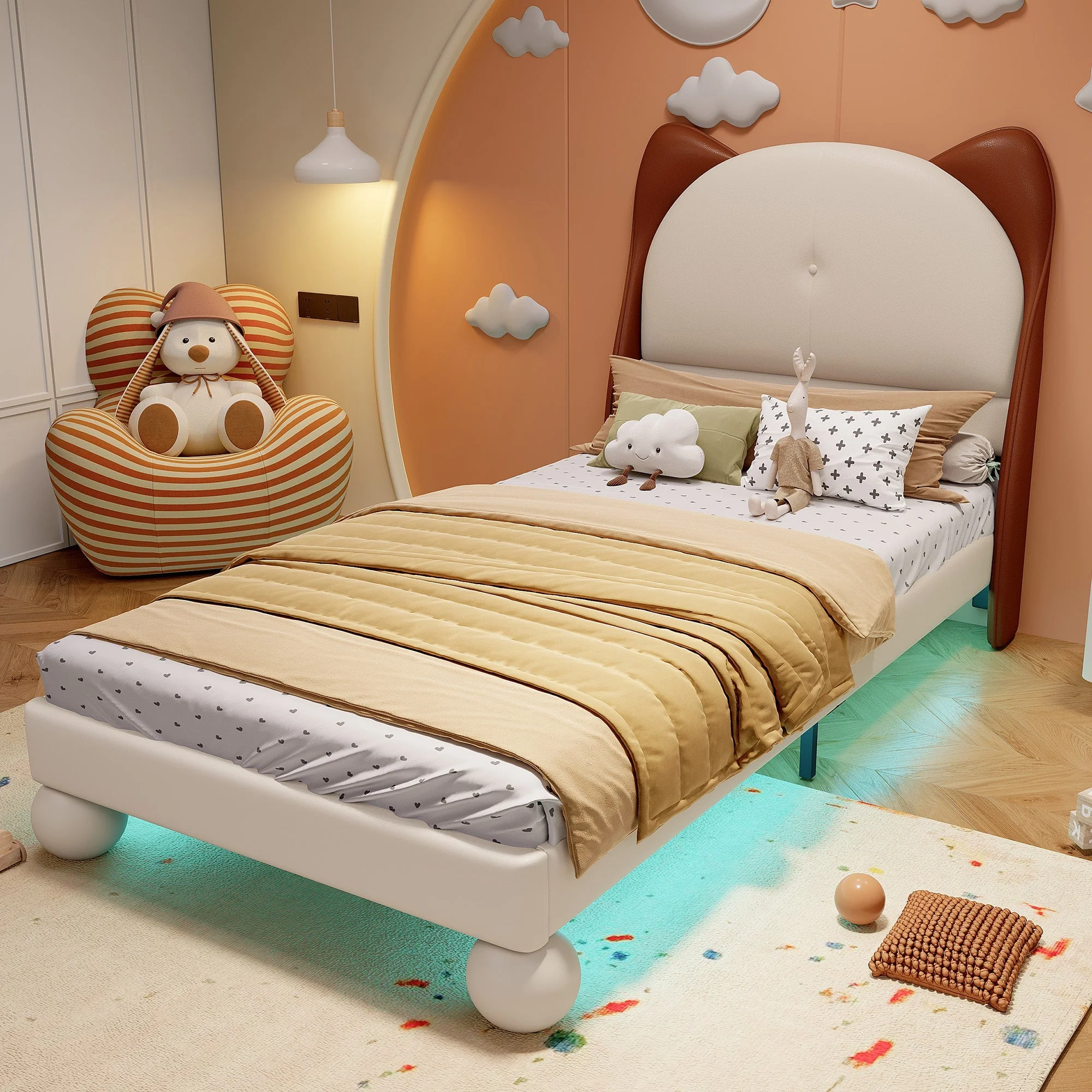 Upholstered Bed, Single/Children's, Cat-Ear Headboard, LED Light Strip, Beige + Yellow-Brown PU - Image 6