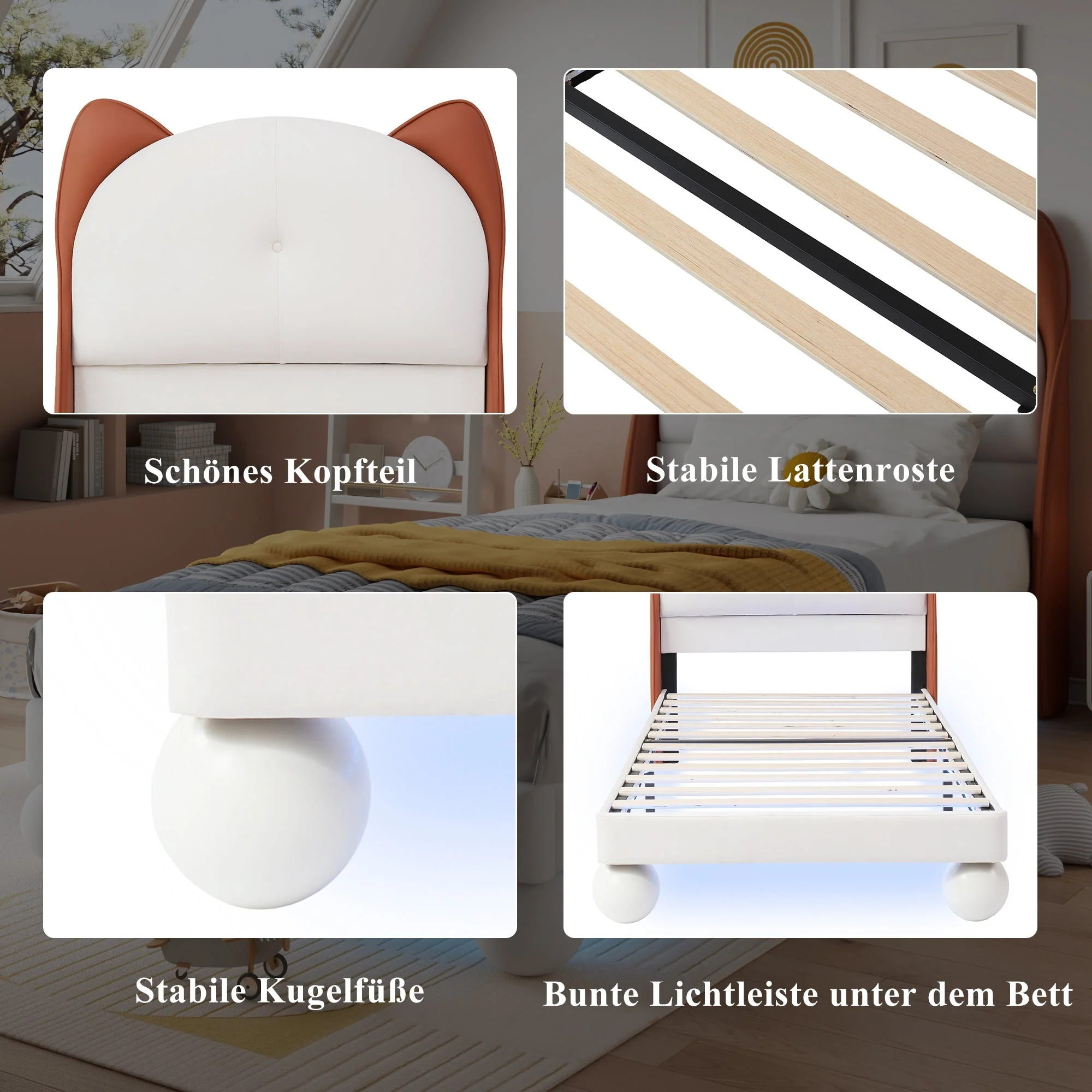 Upholstered Bed, Single/Children's, Cat-Ear Headboard, LED Light Strip, Beige + Yellow-Brown PU - Image 9