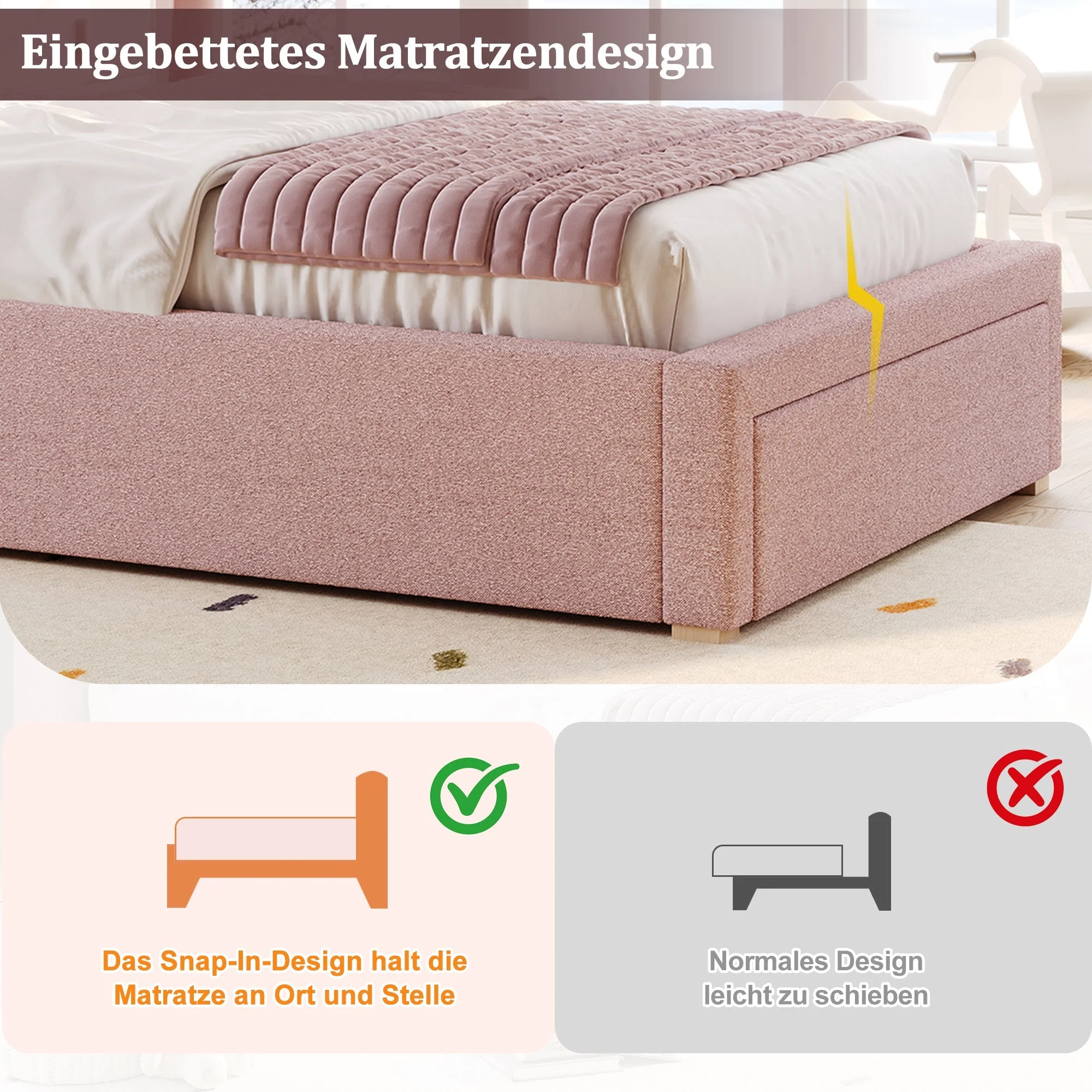 Upholstered Bed, Single/Children's Functional with Storage, Pink Chenille - Image 4