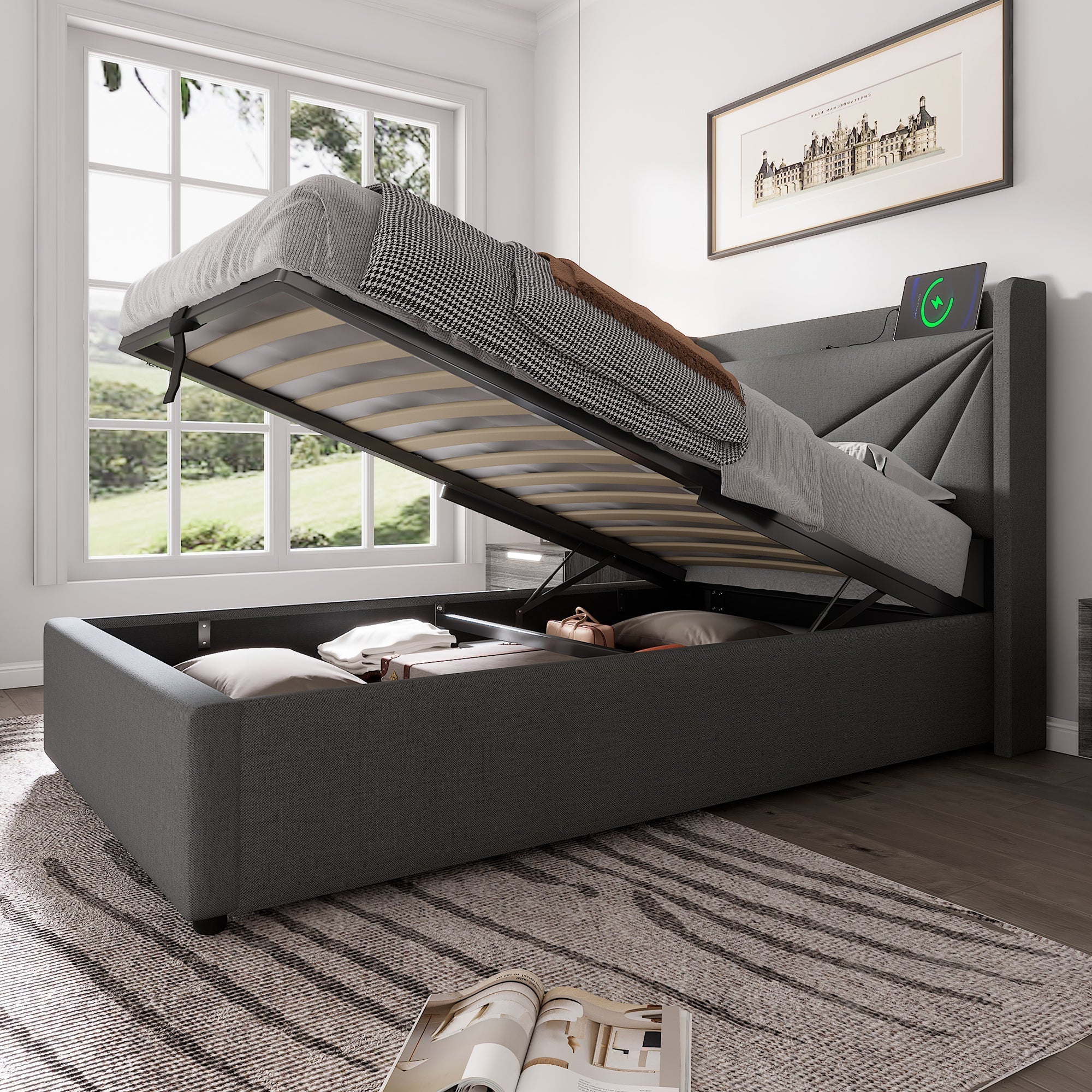 Upholstered Bed, Single Storage with USB Type C Headboard, Linen - Image 2
