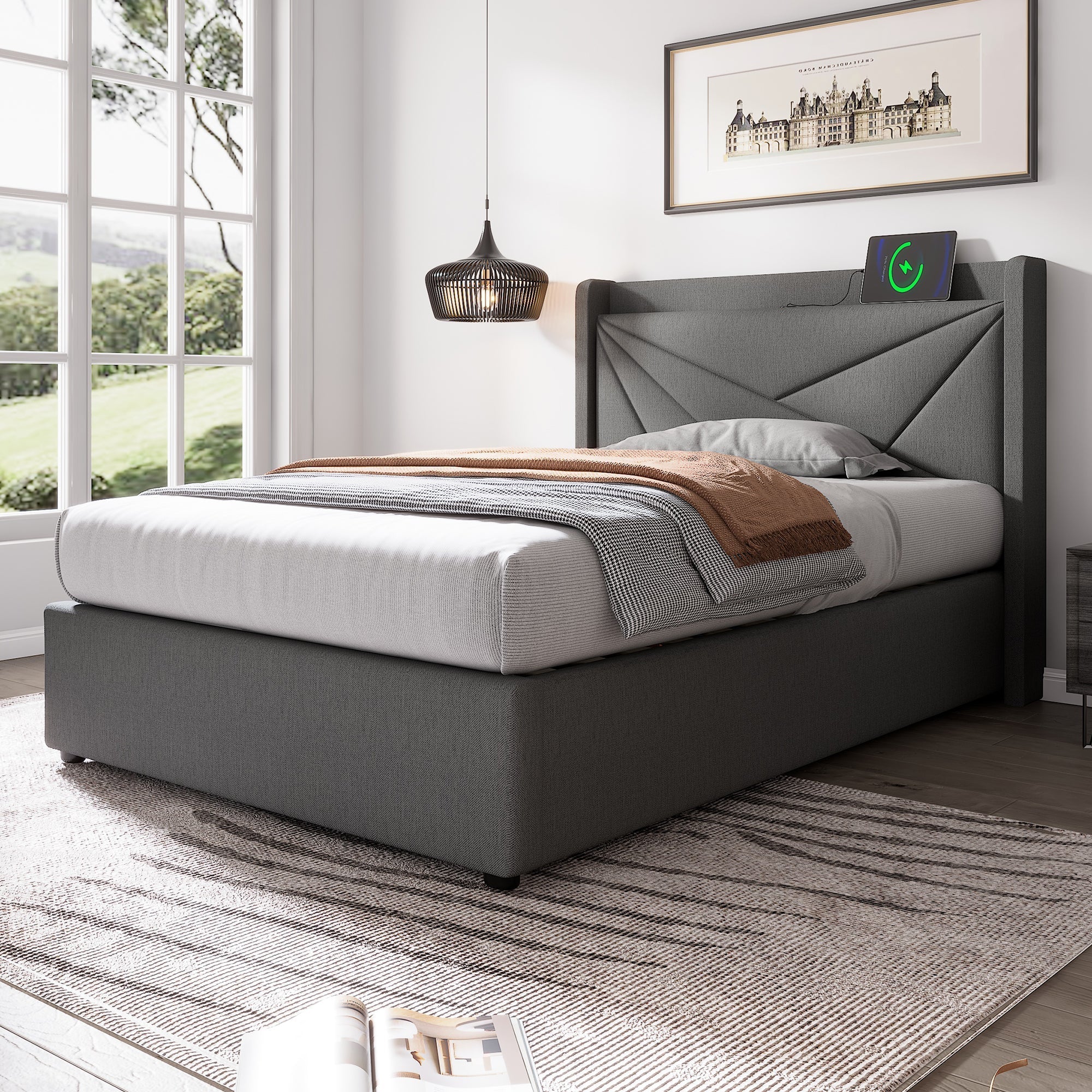 Upholstered Bed, Single Storage with USB Type C Headboard, Linen - Image 3
