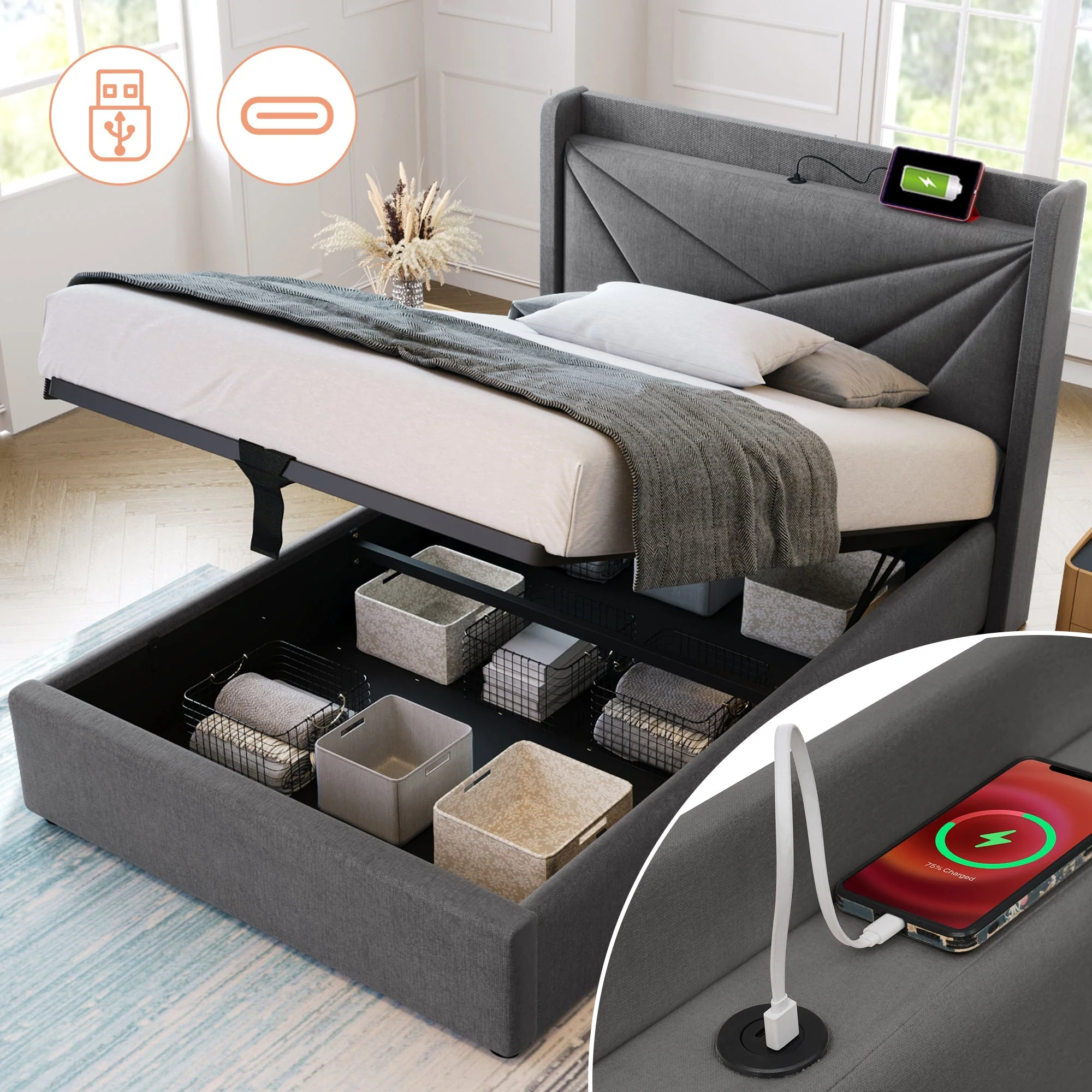 Upholstered Bed, Single Storage with USB Type C Headboard, Linen - Image 4