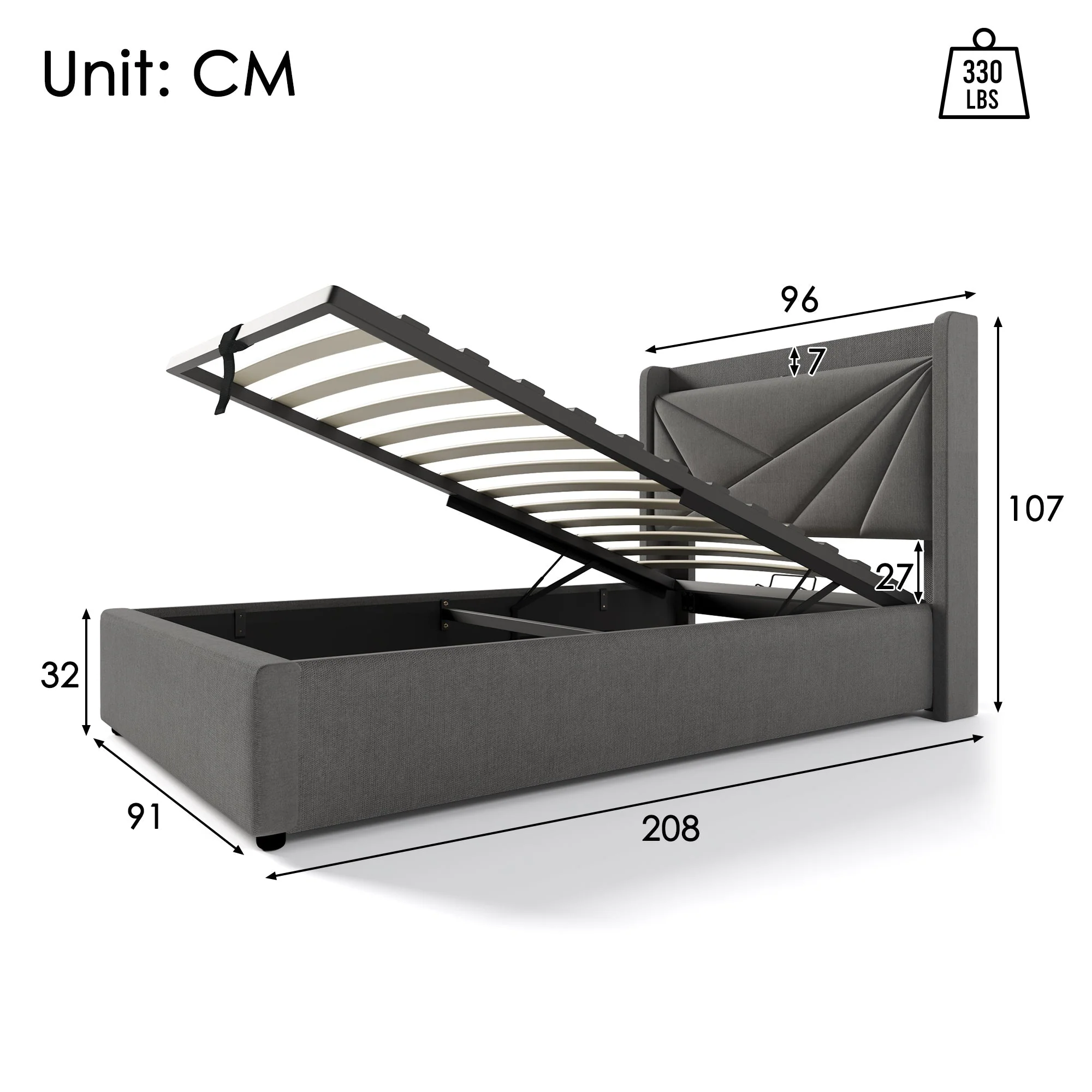 Upholstered Bed, Single Storage with USB Type C Headboard, Linen - Image 9