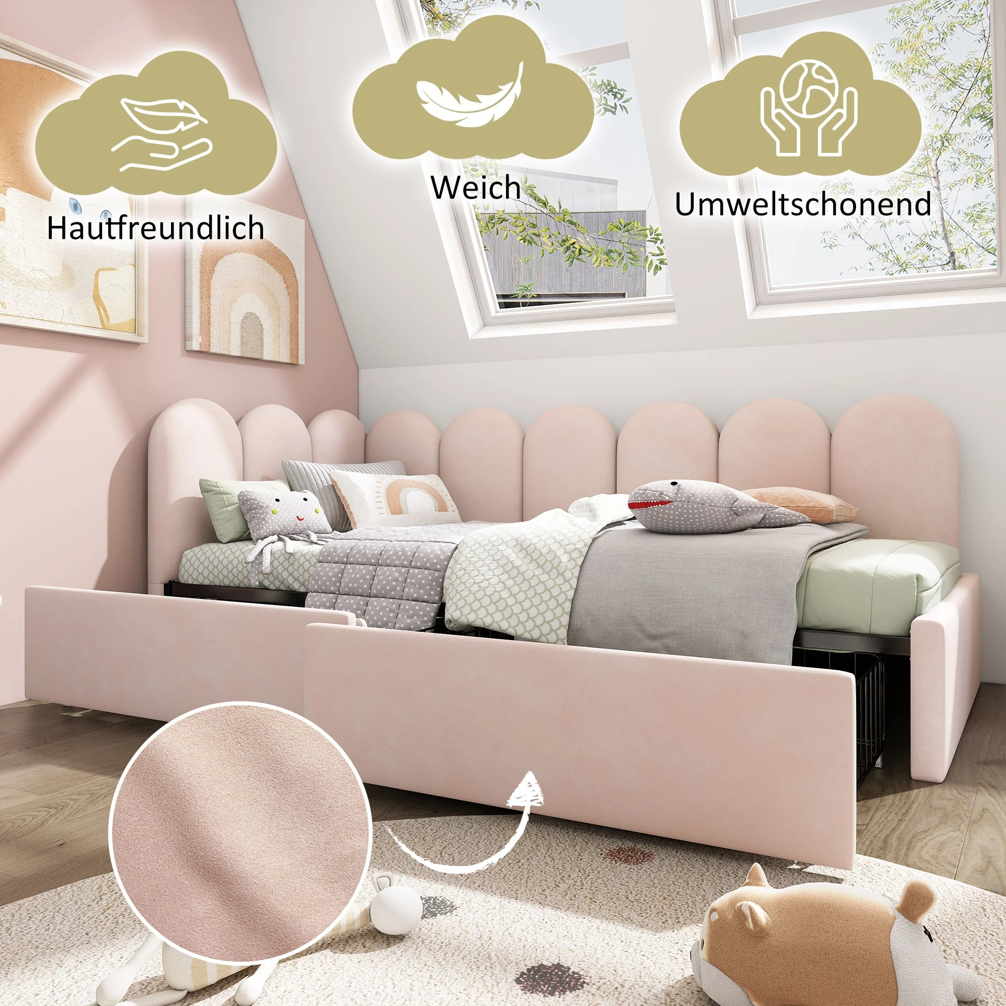 Upholstered Bed, Single with Drawers, Daybed, 90x190cm, Pink Velvet - Image 3