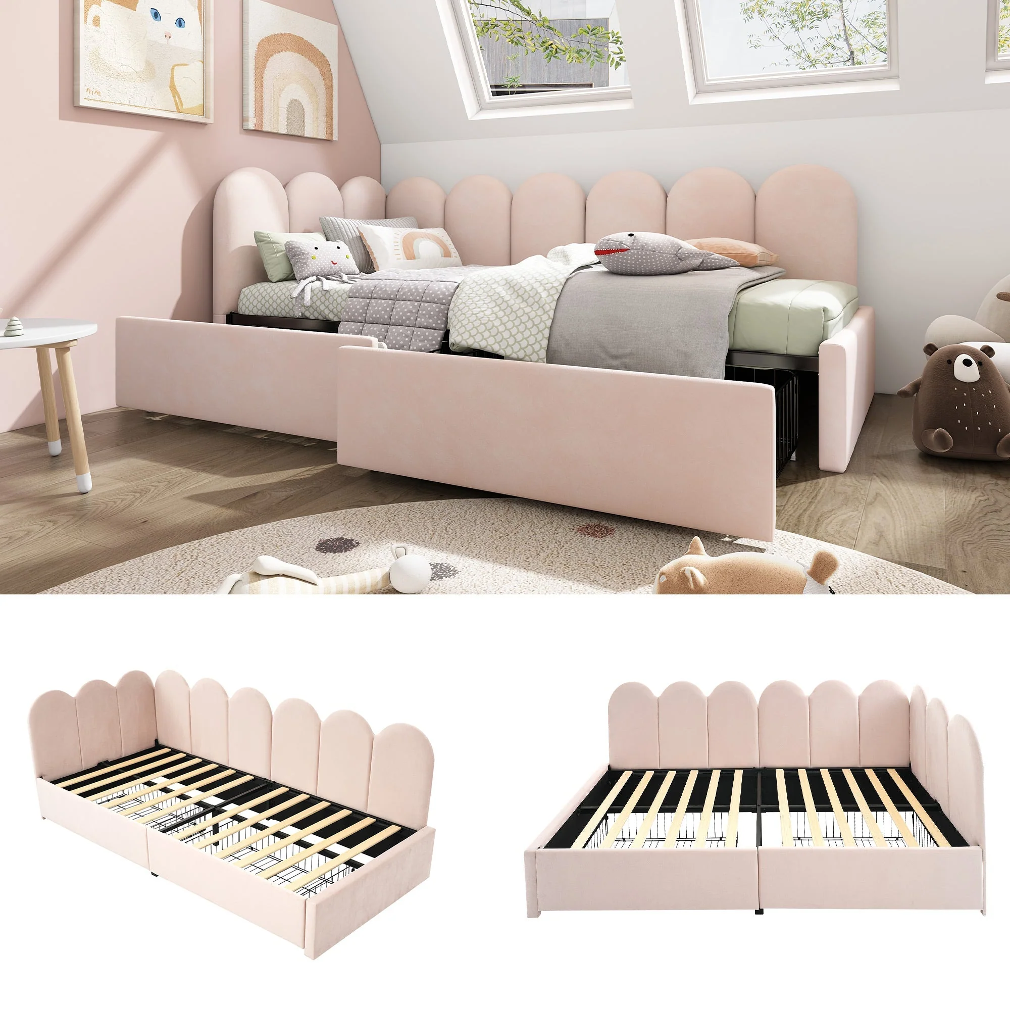 Upholstered Bed, Single with Drawers & Slatted Frame, Velvet Pink