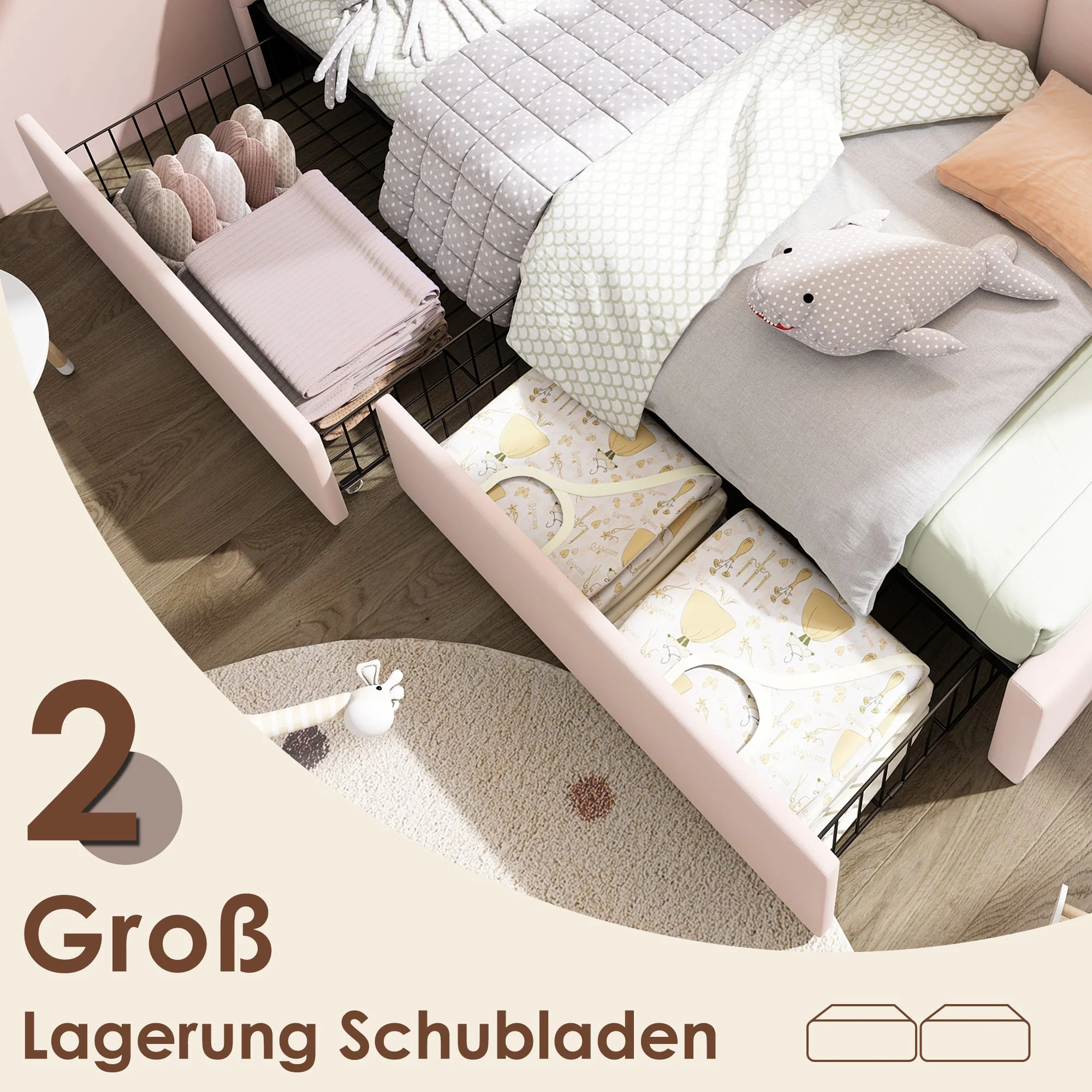 Upholstered Bed, Single with Drawers & Slatted Frame, Velvet Pink - Image 4