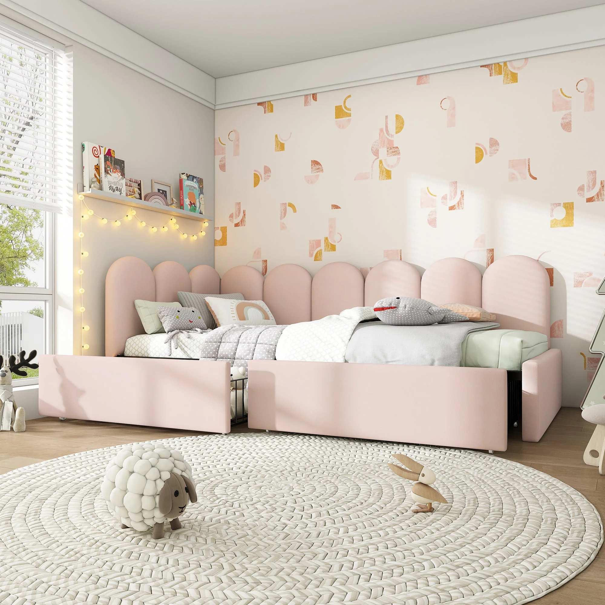 Upholstered Bed, Single with Drawers & Slatted Frame, Velvet Pink - Image 5