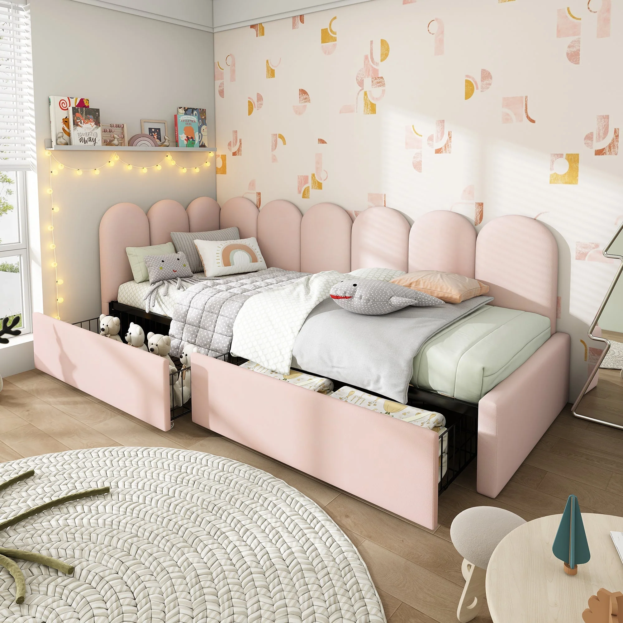 Upholstered Bed, Single with Drawers & Slatted Frame, Velvet Pink - Image 7