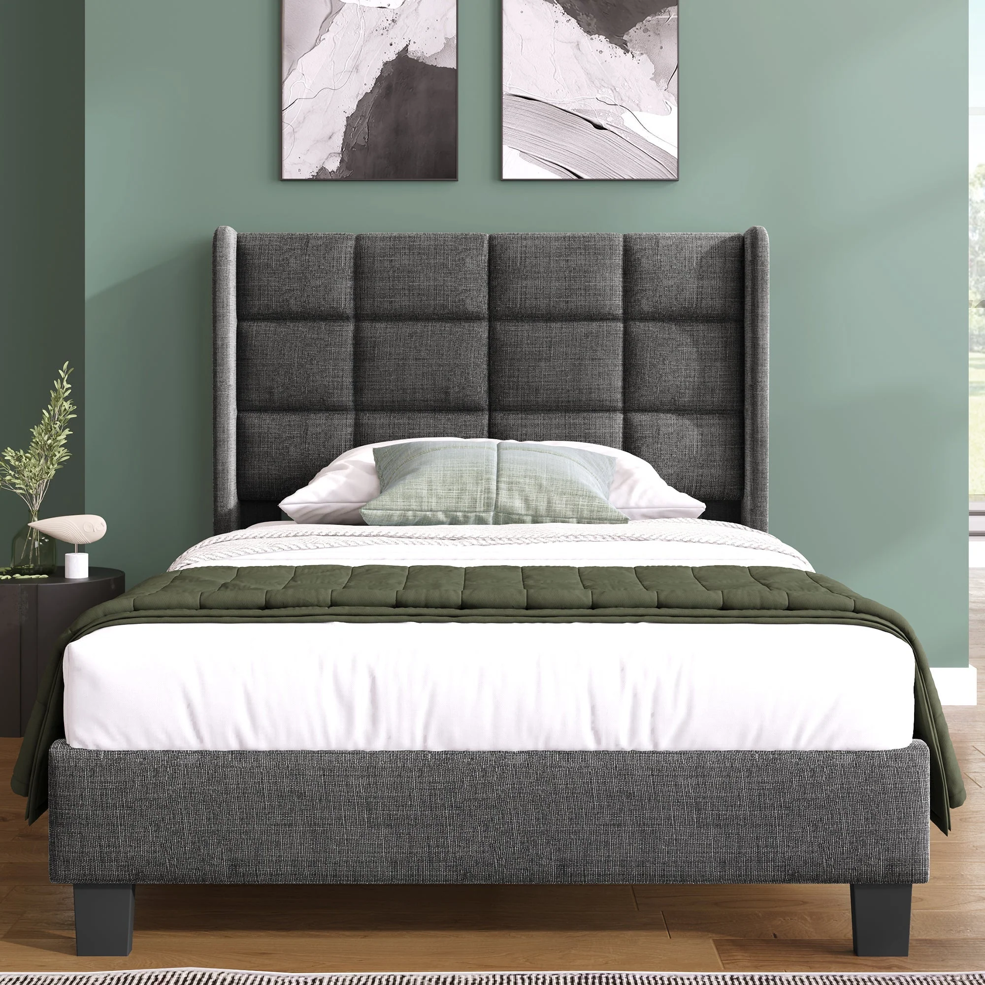 Upholstered Bed, Single with Headboard & Slatted Frame, Grey Linen - Image 3
