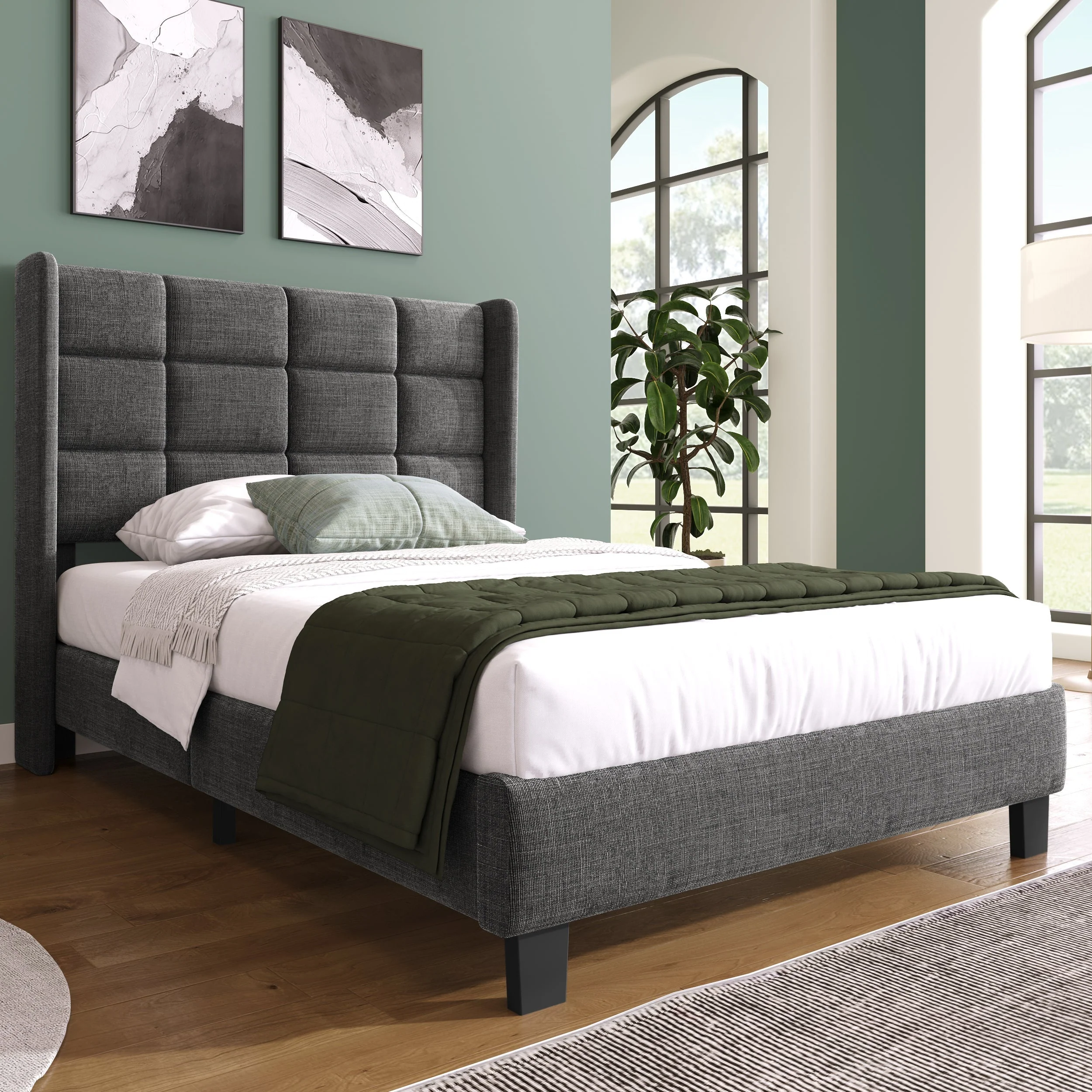 Upholstered Bed, Single with Headboard & Slatted Frame, Grey Linen - Image 4