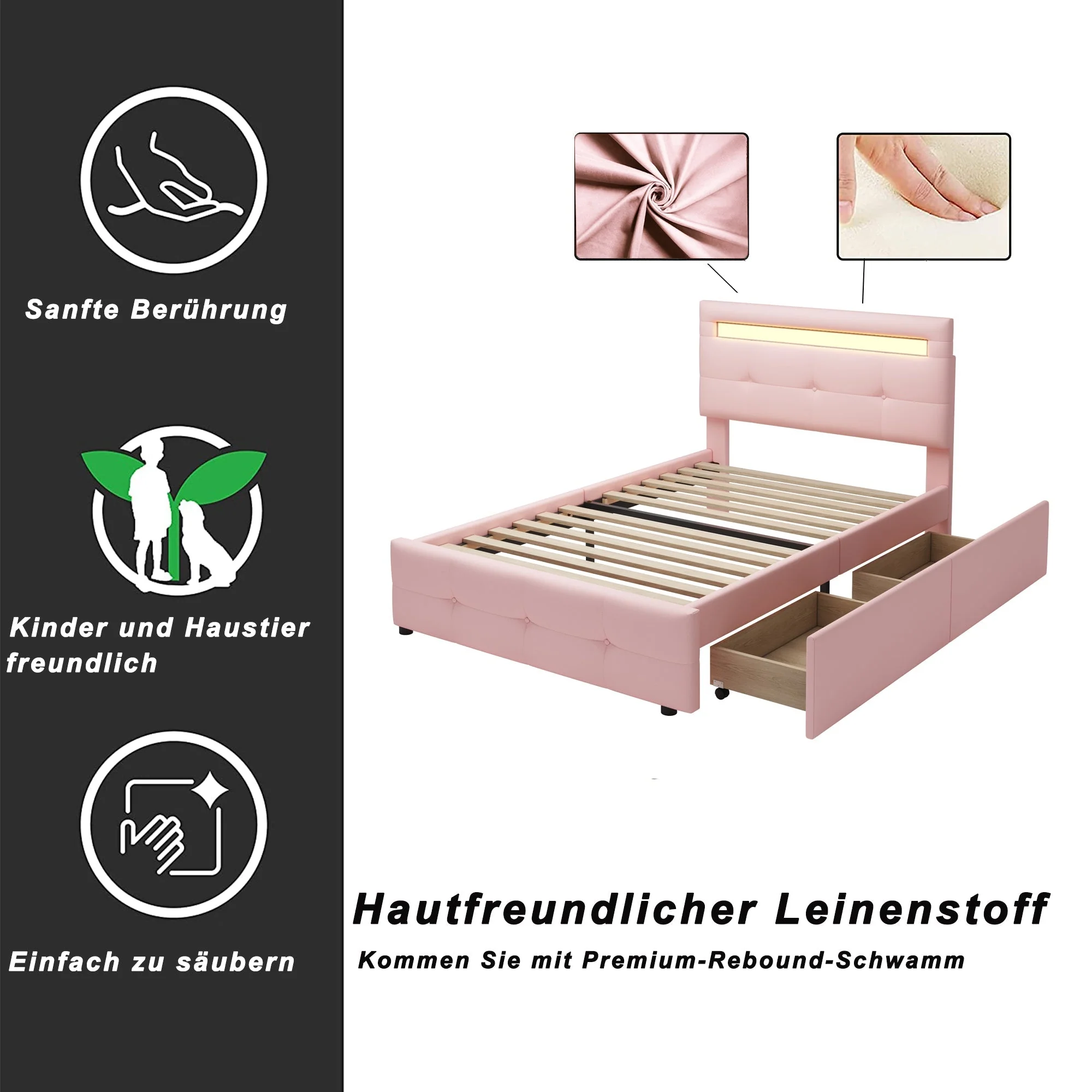 Upholstered Bed, Single with LED Lights & 2 Drawers, Linen Pink - Image 10