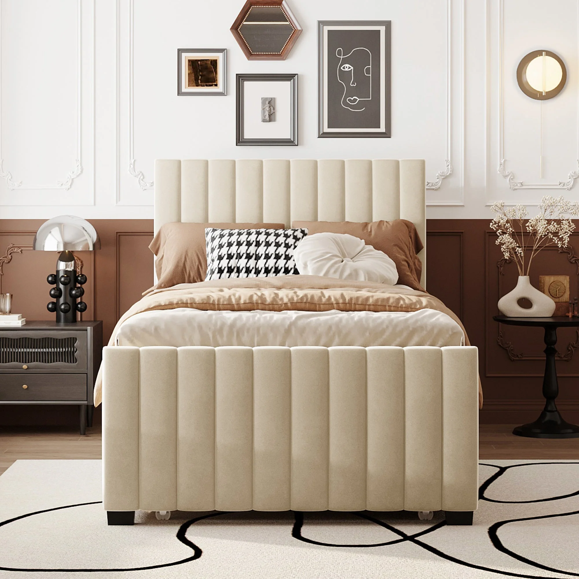 Upholstered Bed, Single with Pull-Out, 90 x 190 cm, Beige Velvet - Image 2