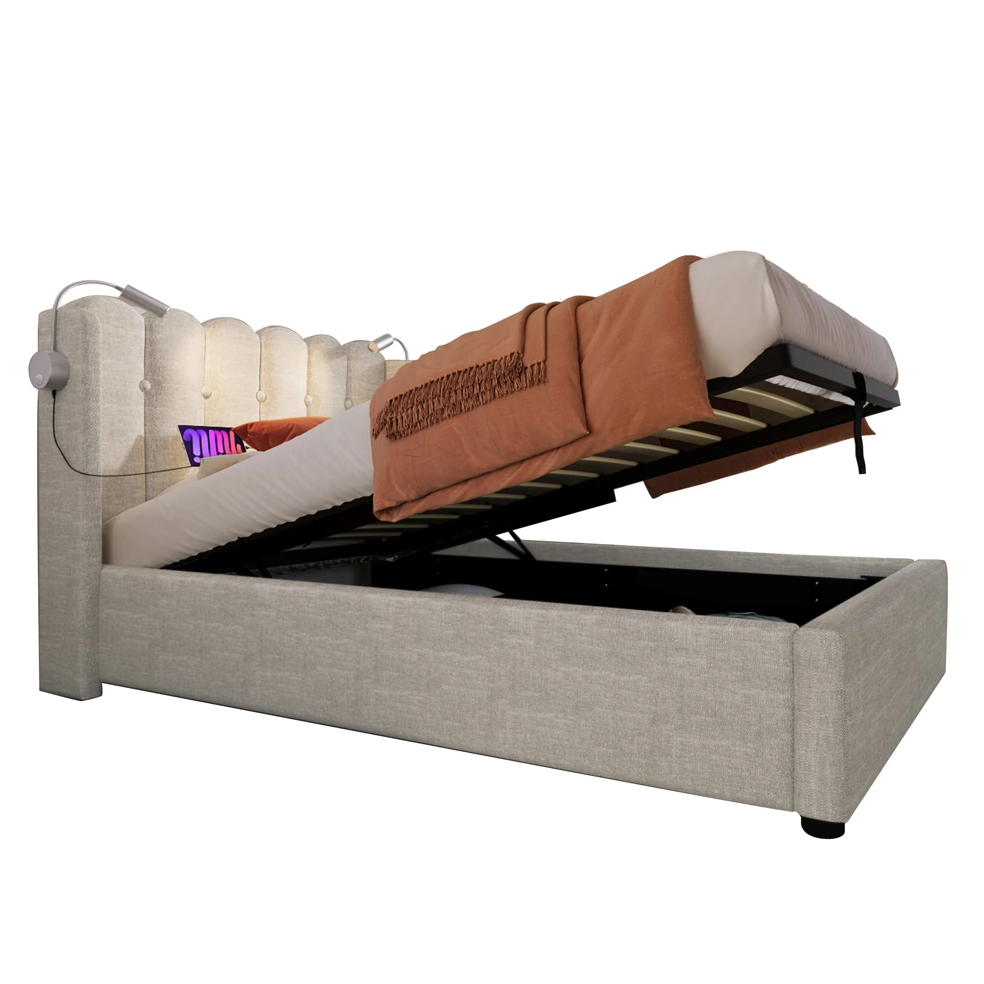 Upholstered Bed, Single with Reading Light & Charging Headboard, Natural Linen - Image 3