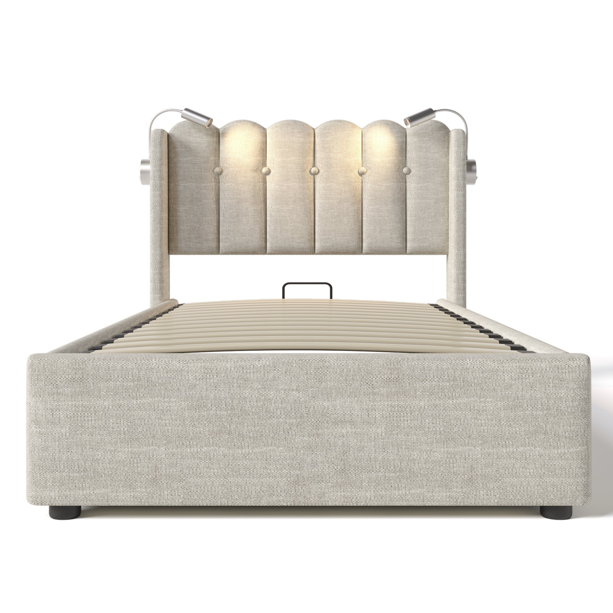 Upholstered Bed, Single with Reading Light & Charging Headboard, Natural Linen - Image 4