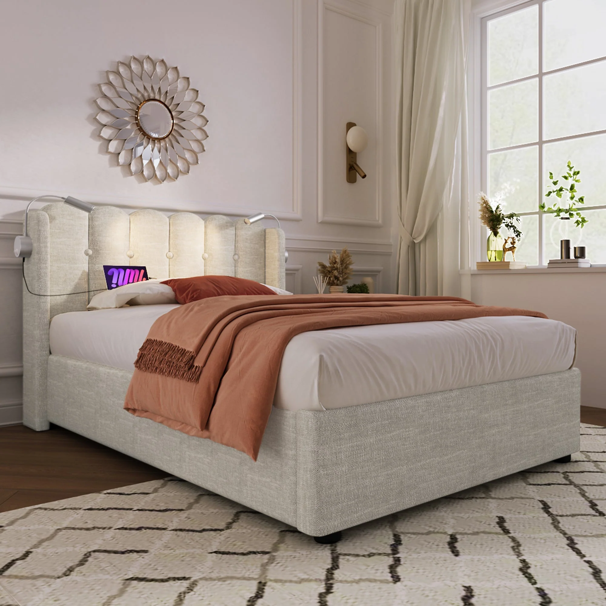 Upholstered Bed, Single with Reading Light & Charging Headboard, Natural Linen - Image 5