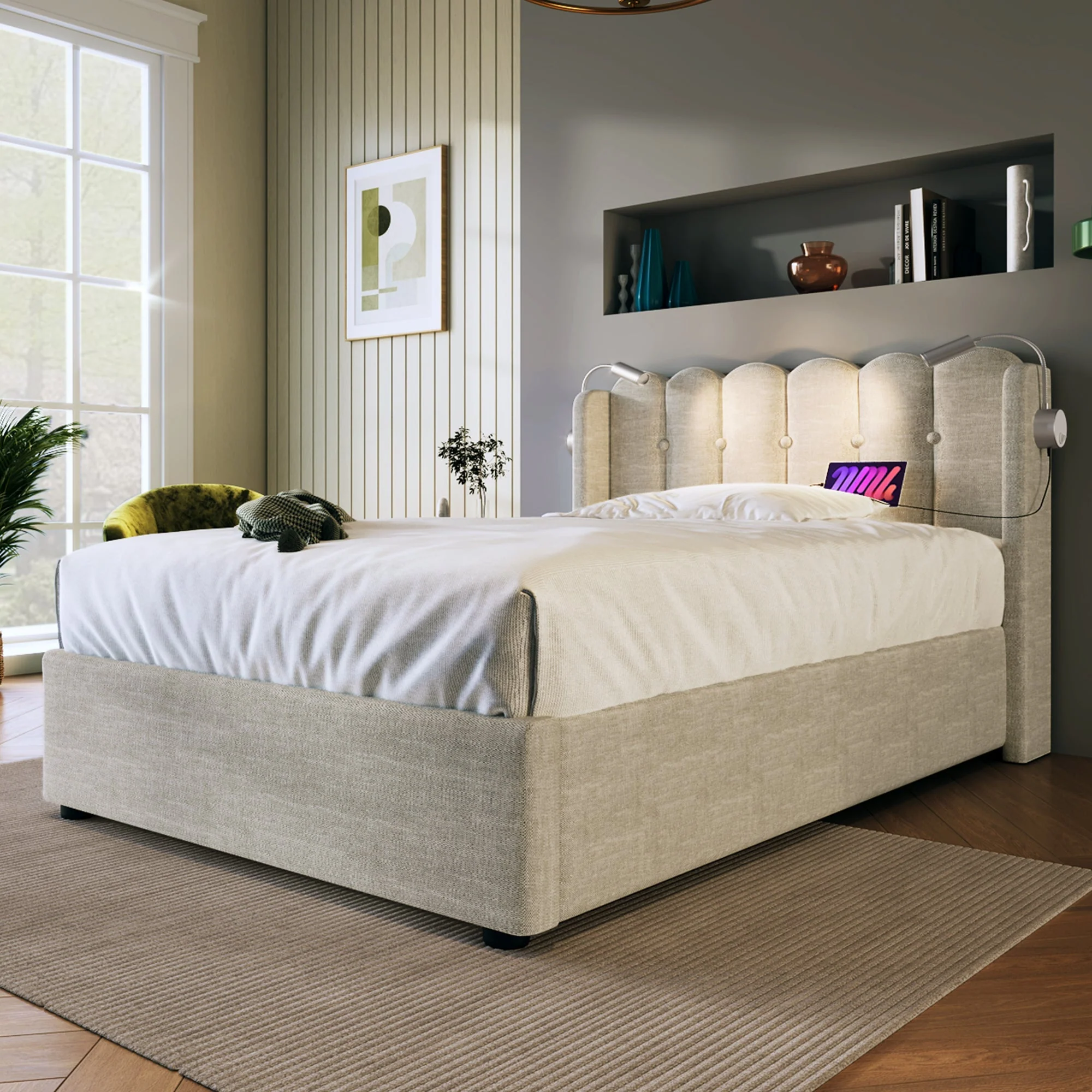 Upholstered Bed, Single with Reading Light & Charging Headboard, Natural Linen - Image 7