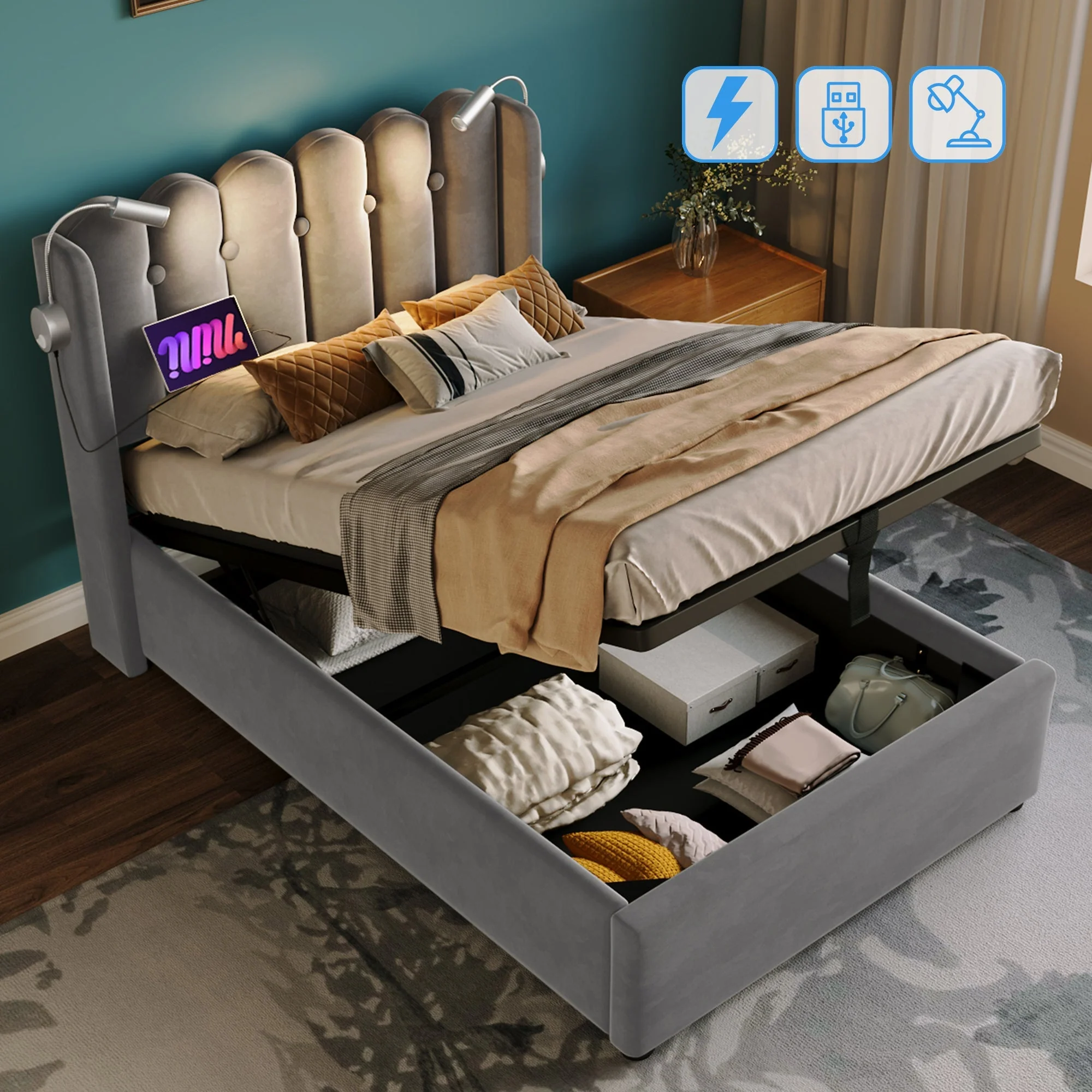 Upholstered Bed, Single with Reading Light, Charging & Storage Headboard, Velvet Gray - Image 2