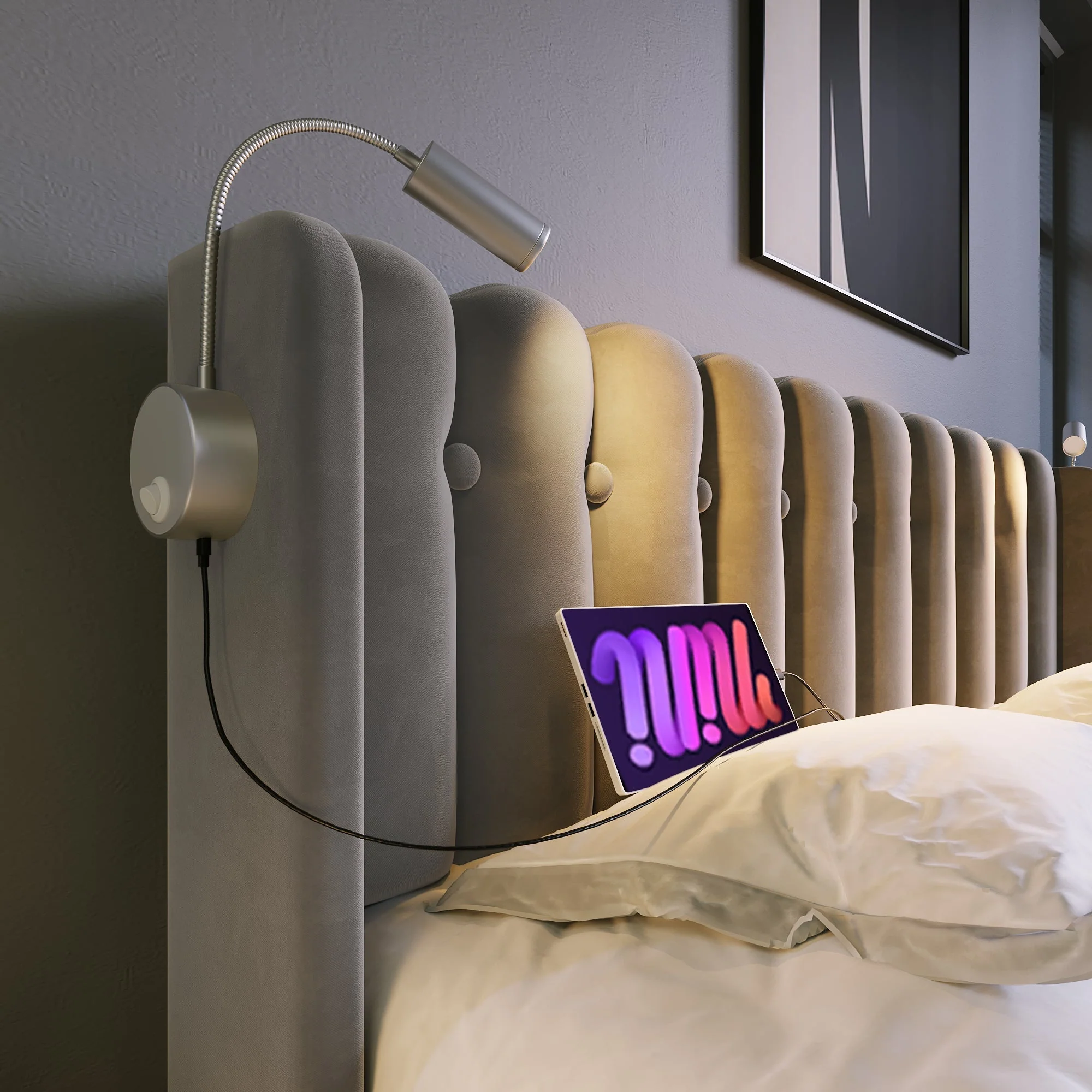 Upholstered Bed Single with Reading Light, Charging, Storage, Slatted Frame, Velvet Gray - Image 3