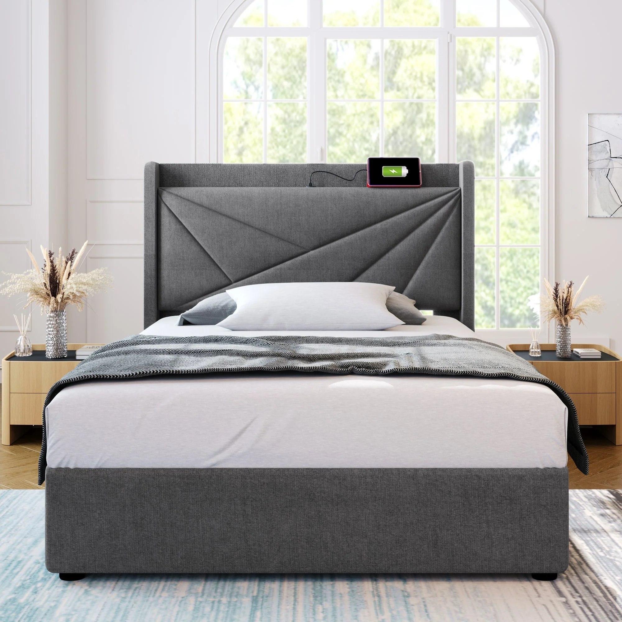 Upholstered Bed, Single with Storage & USB Headboard, Linen - Image 10