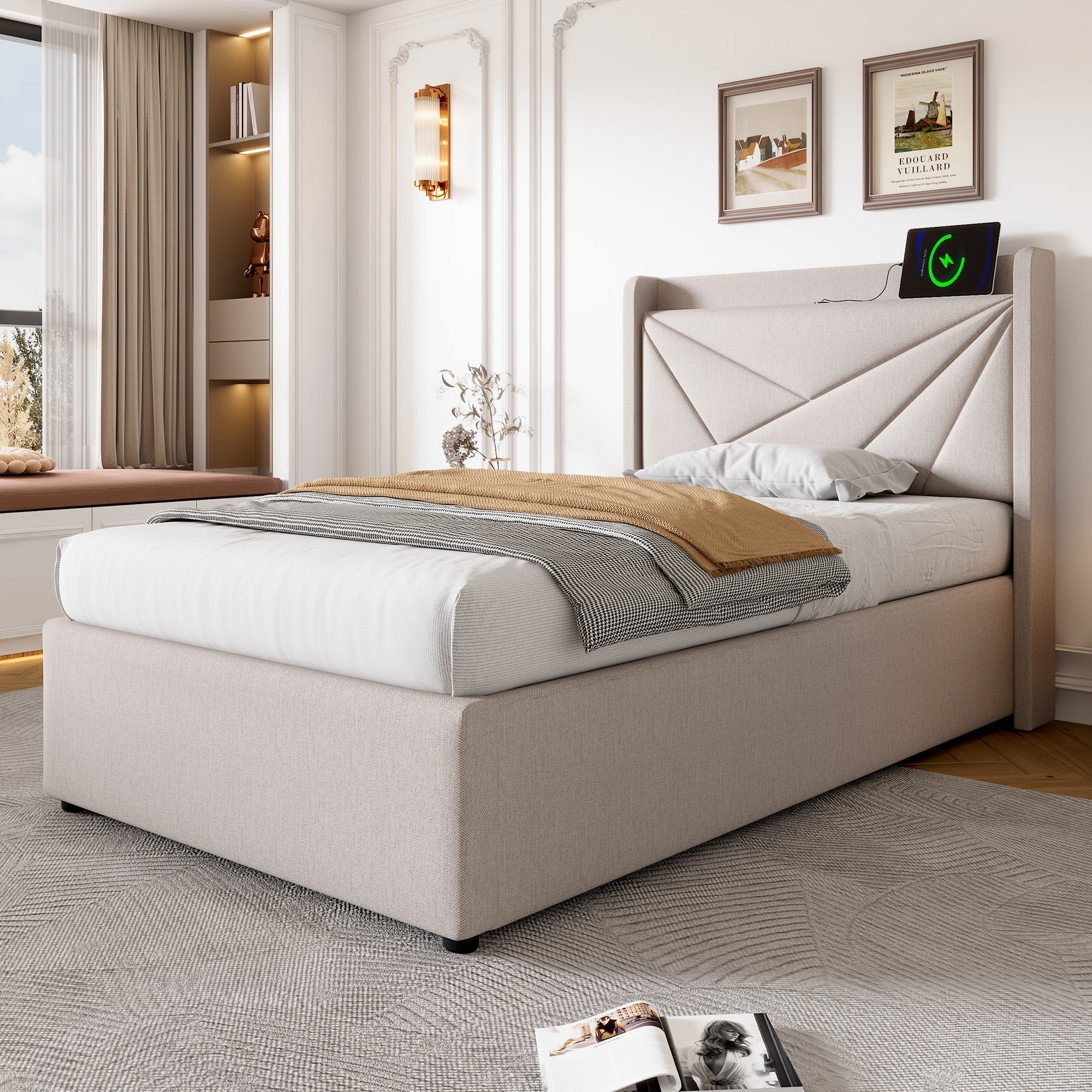 Upholstered Bed, Single with Storage & USB Type-C Headboard, Linen - Image 2