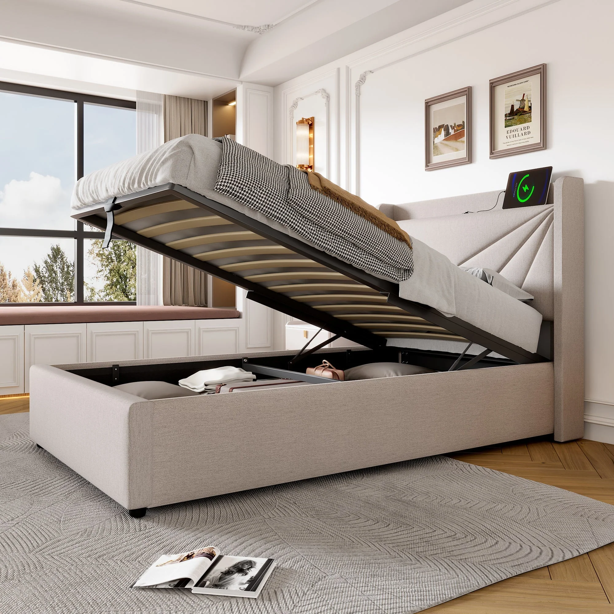 Upholstered Bed, Single with Storage & USB Type-C Headboard, Linen - Image 3