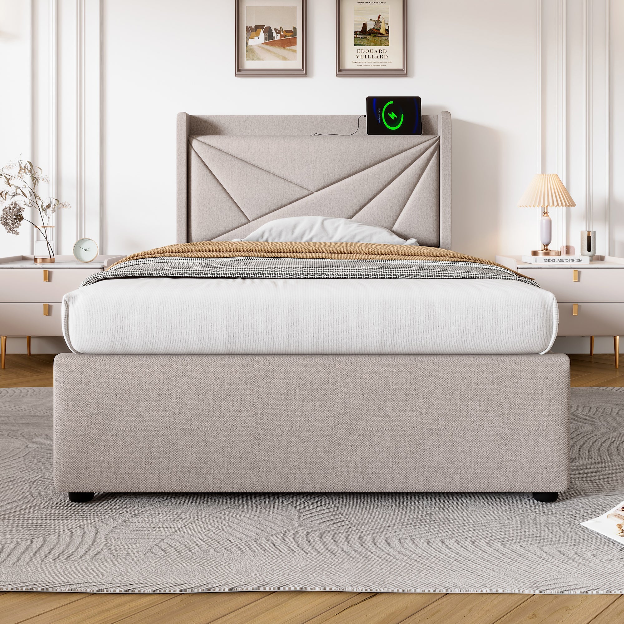 Upholstered Bed, Single with Storage & USB Type-C Headboard, Linen - Image 4