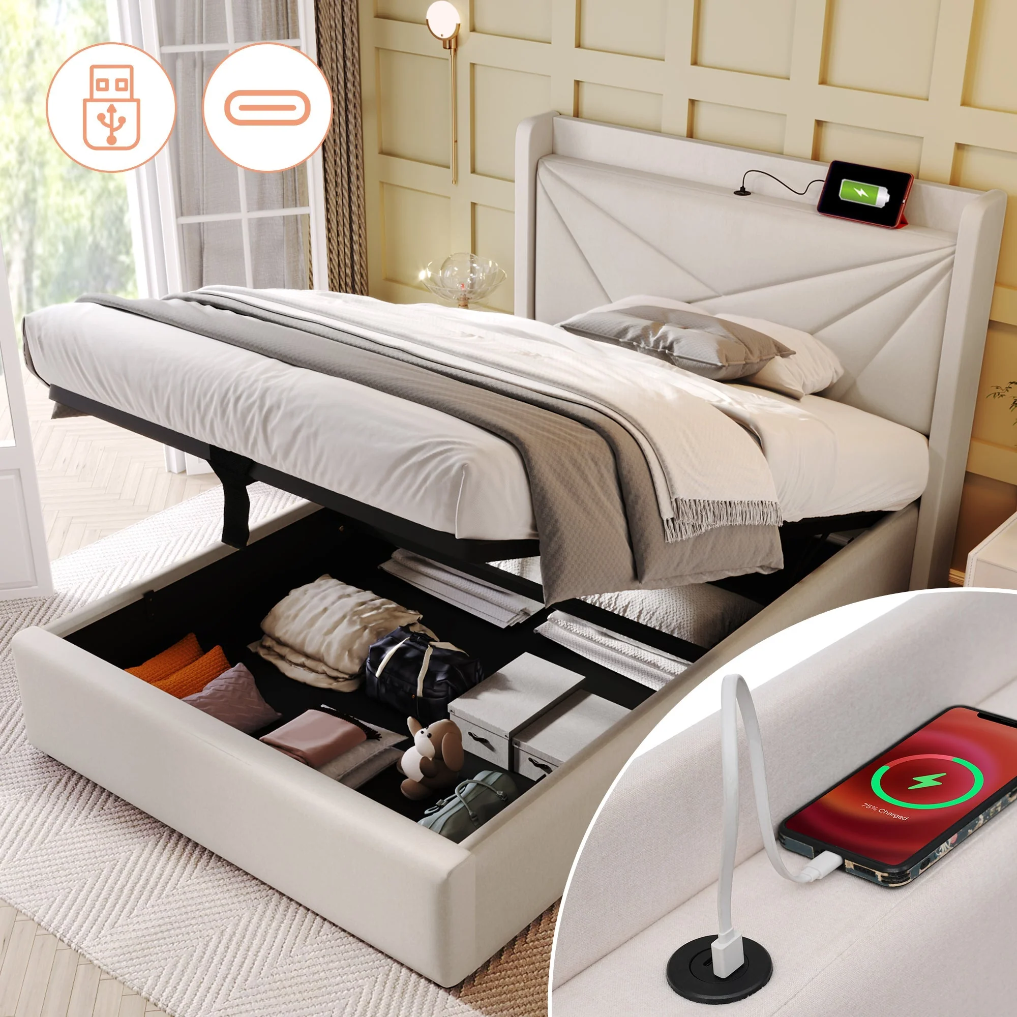 Upholstered Bed, Single with Storage & USB Type-C Headboard, Linen - Image 5
