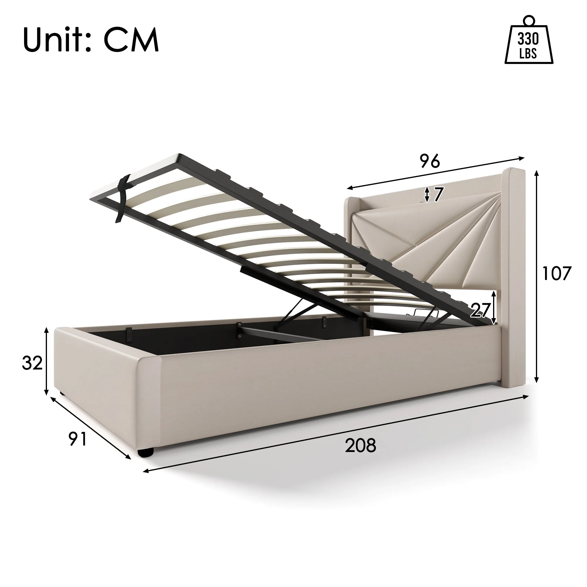 Upholstered Bed, Single with Storage & USB Type-C Headboard, Linen - Image 7