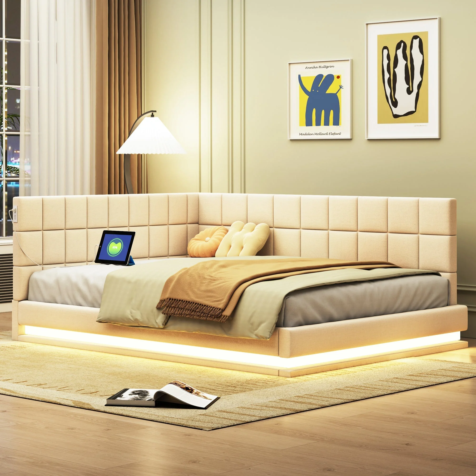 Upholstered Bed Sofa, 140x200 Multifunctional with LED & USB, Velvet Beige - Image 3