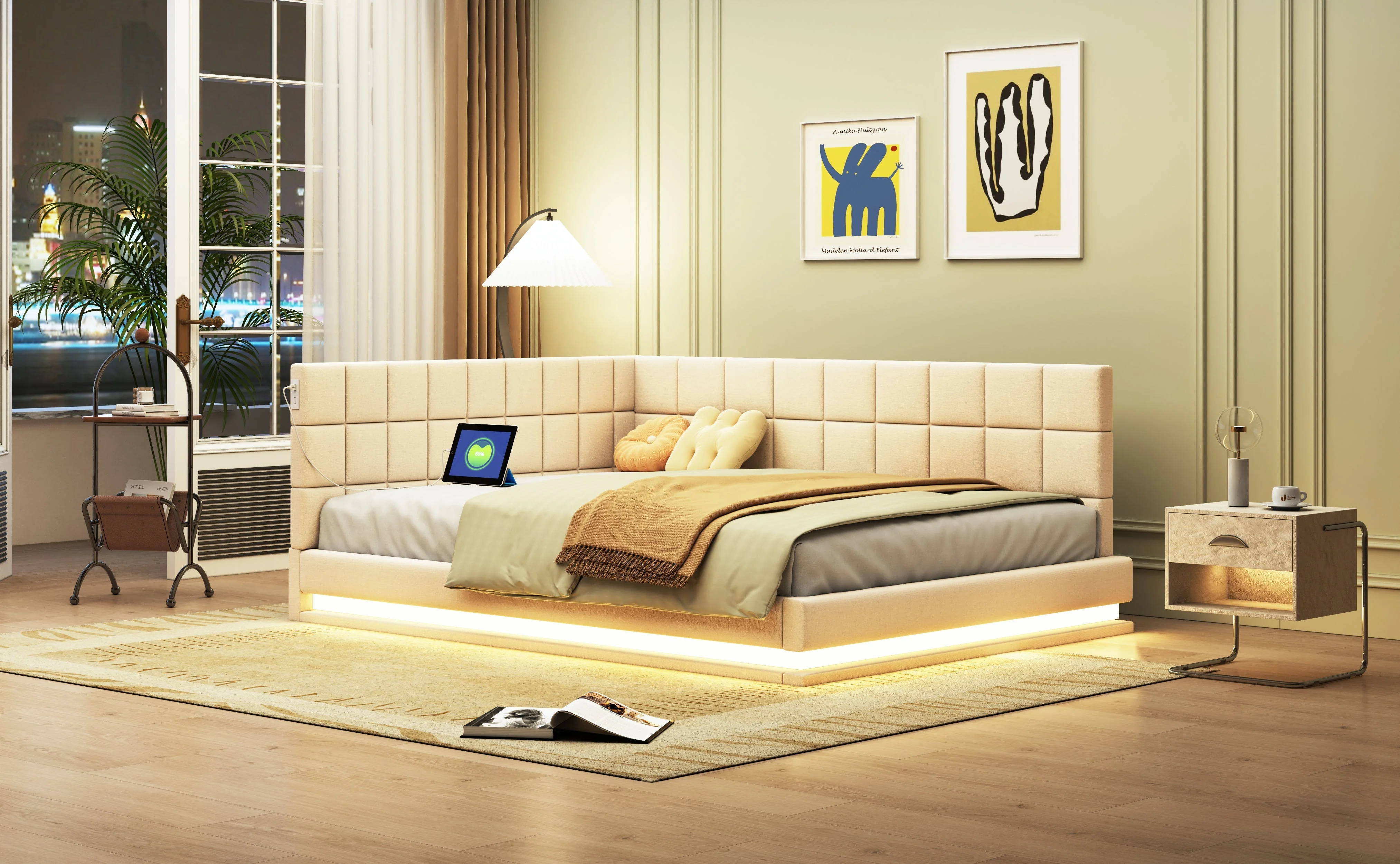 Upholstered Bed Sofa, 140x200 Multifunctional with LED & USB, Velvet Beige - Image 6