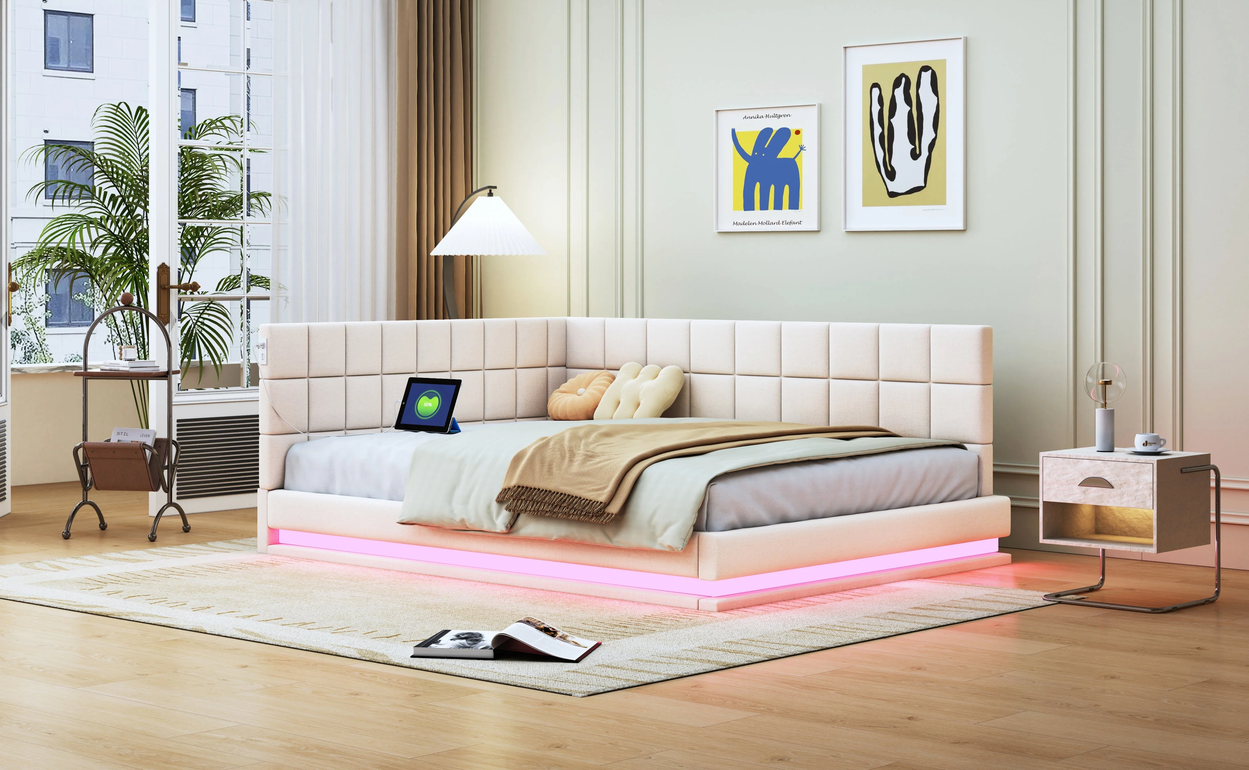 Upholstered Bed Sofa, 140x200 Multifunctional with LED & USB, Velvet Beige - Image 8