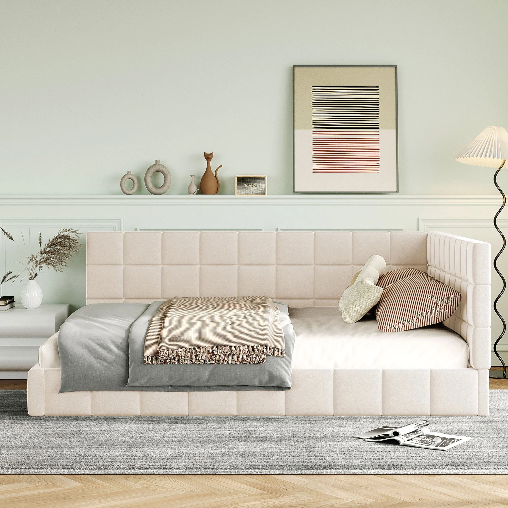 Upholstered Bed Sofa, 140x200 Multifunctional with Slatted Frame, Beige Velvet - Image 5
