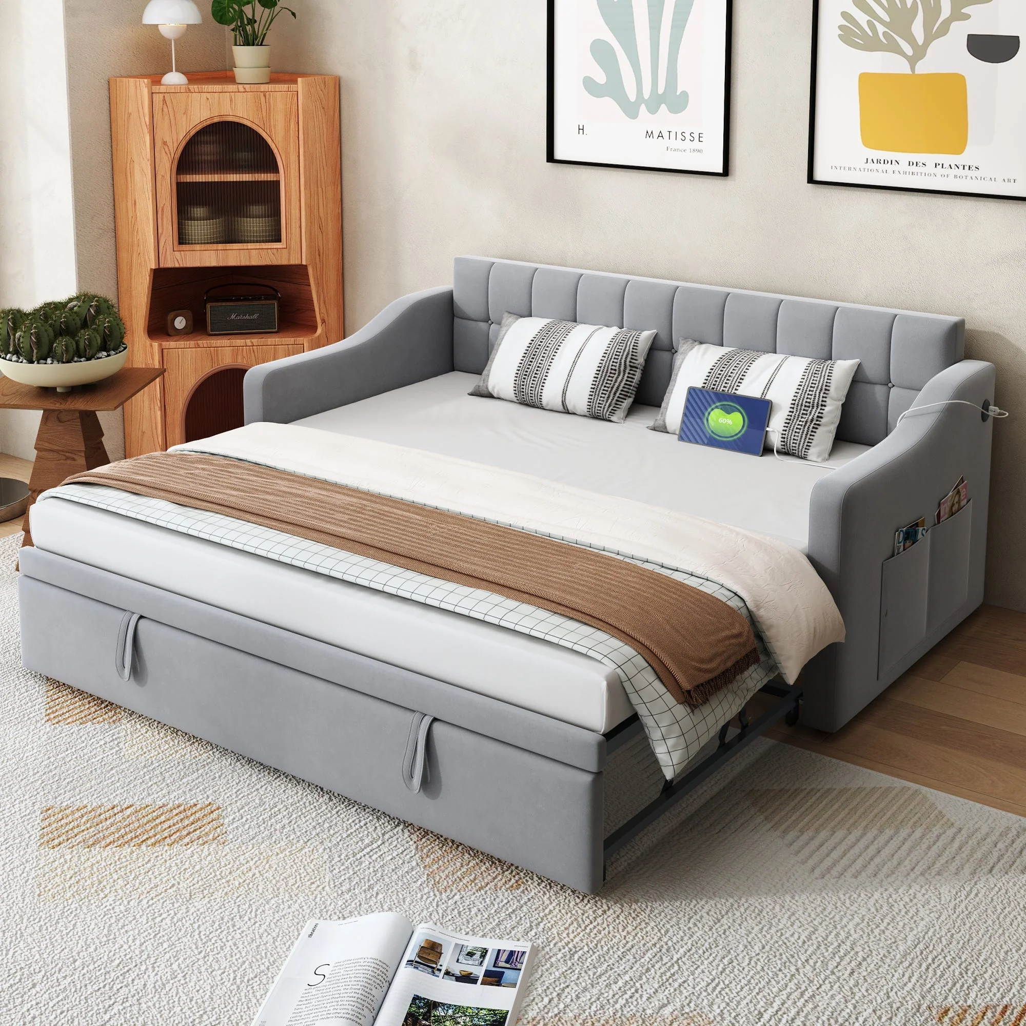 Upholstered Bed Sofa, 2-in-1 Multifunctional with Socket & Storage Bag, Light Grey Velvet