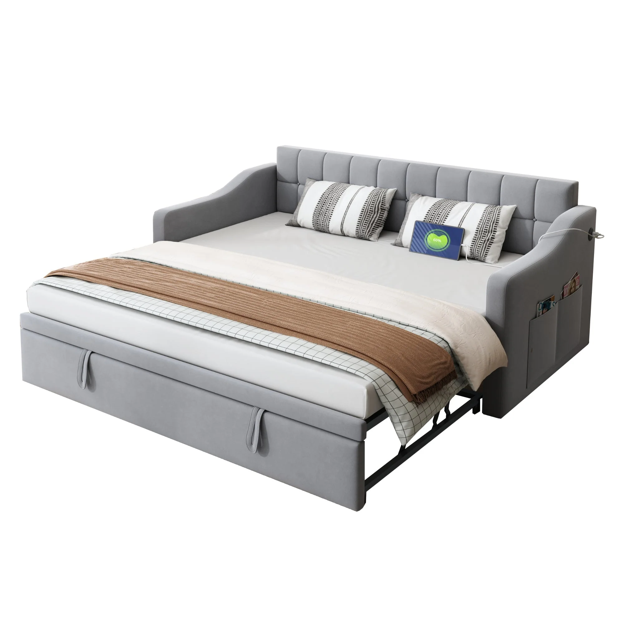 Upholstered Bed Sofa, 2-in-1 Multifunctional with Socket & Storage Bag, Light Grey Velvet - Image 4