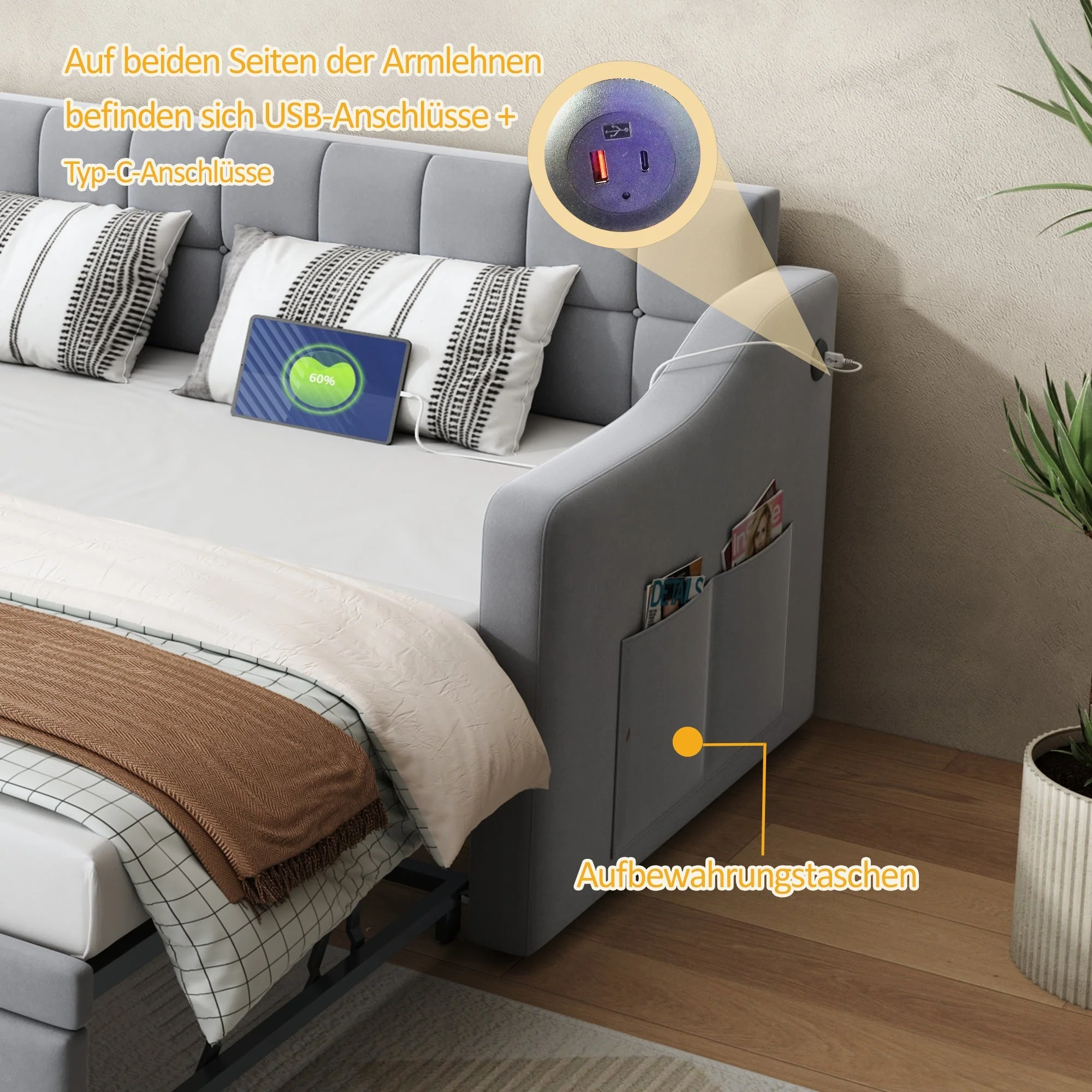 Upholstered Bed Sofa, 2-in-1 Multifunctional with Socket & Storage Bag, Light Grey Velvet - Image 5