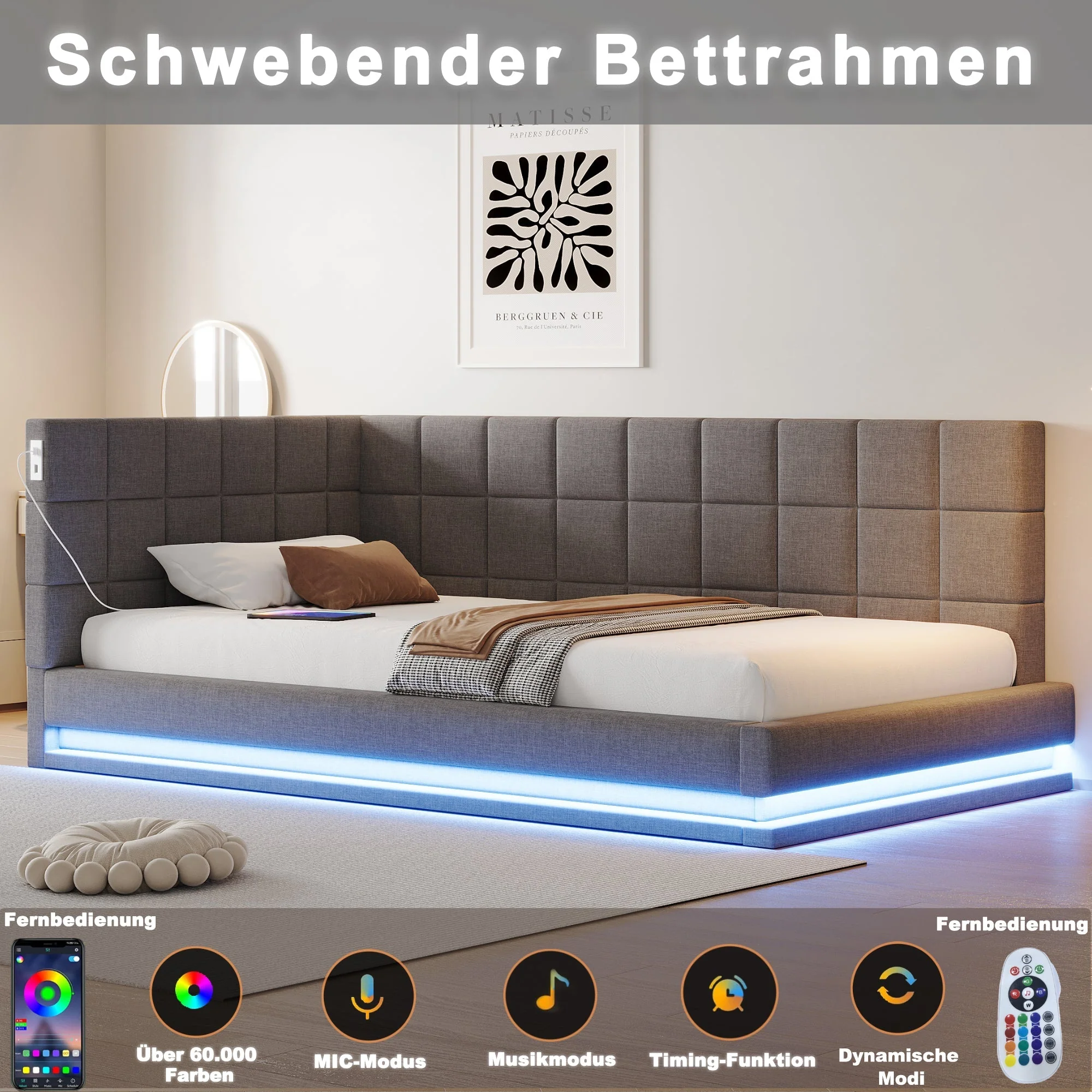 Upholstered Bed Sofa, 90x200 Multifunctional with LED & USB, Linen Fabric Grey - Image 4