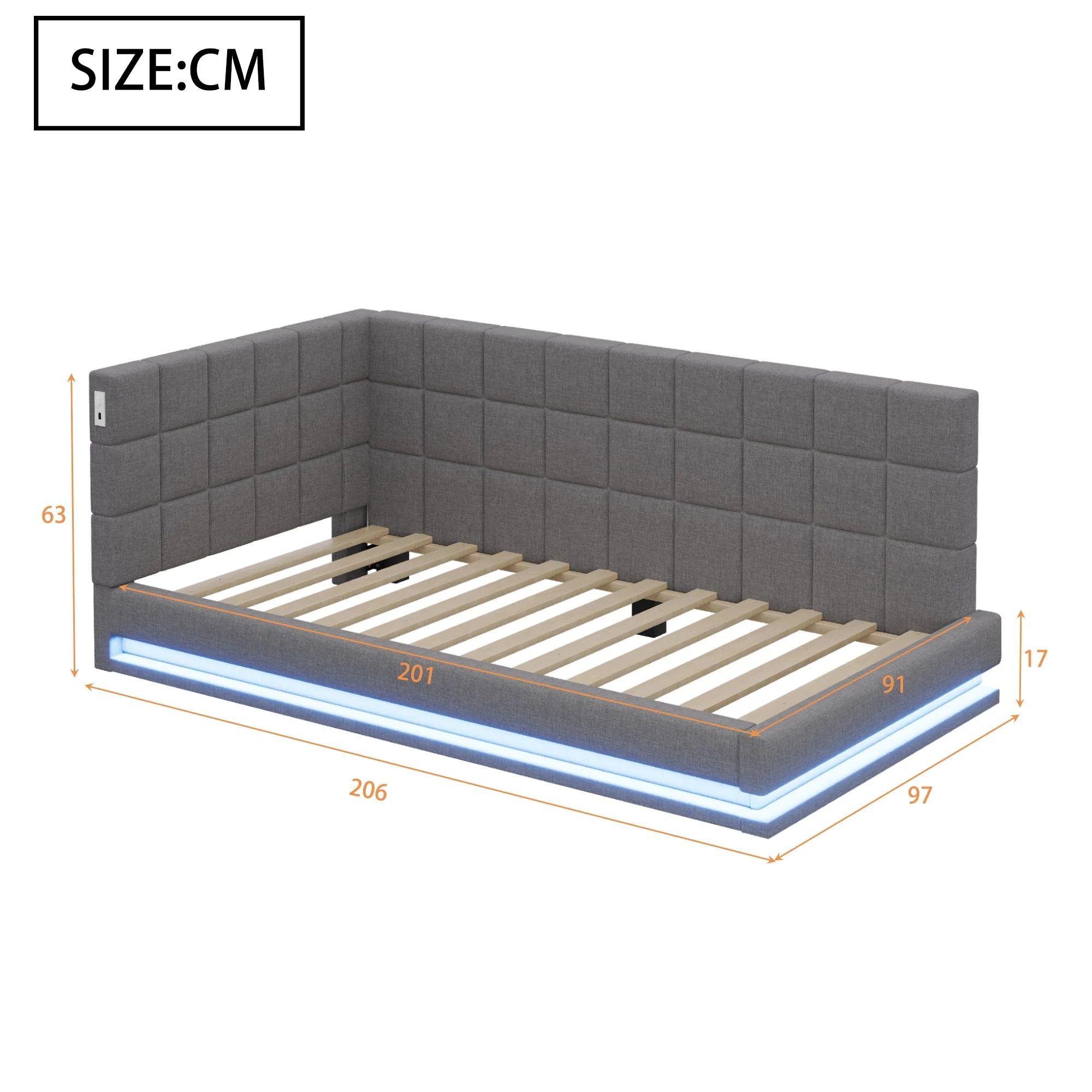Upholstered Bed Sofa, 90x200 Multifunctional with LED & USB, Linen Fabric Grey - Image 6