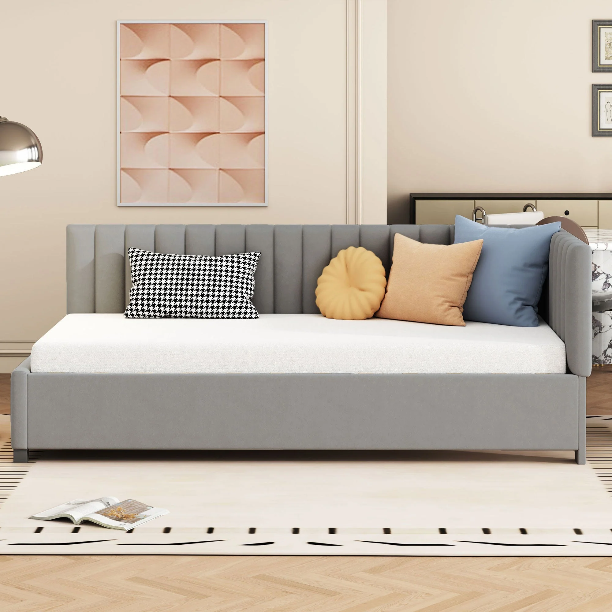 Upholstered Bed Sofa, 90x200 Multifunctional with Slatted Frame, Skin-Friendly Velvet Fabric Gray - Image 3