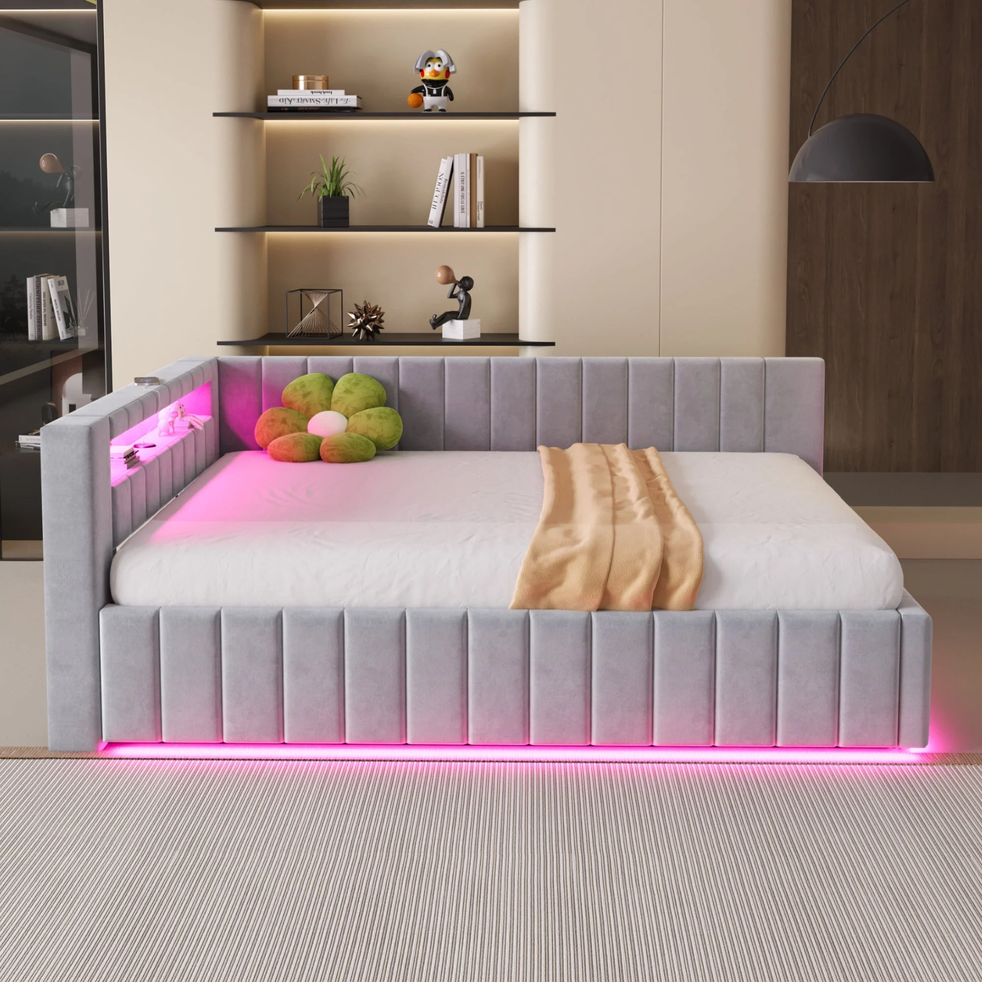 Upholstered Bed/Sofa Bed 140x200 Hydraulic Storage LED/USB Light Grey Velvet Fabric - Image 3