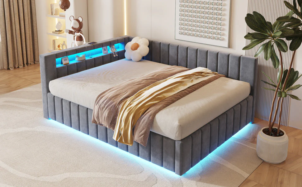 Upholstered Bed/Sofa Bed 140x200 Hydraulic Storage LED/USB Velvet Grey - Image 7