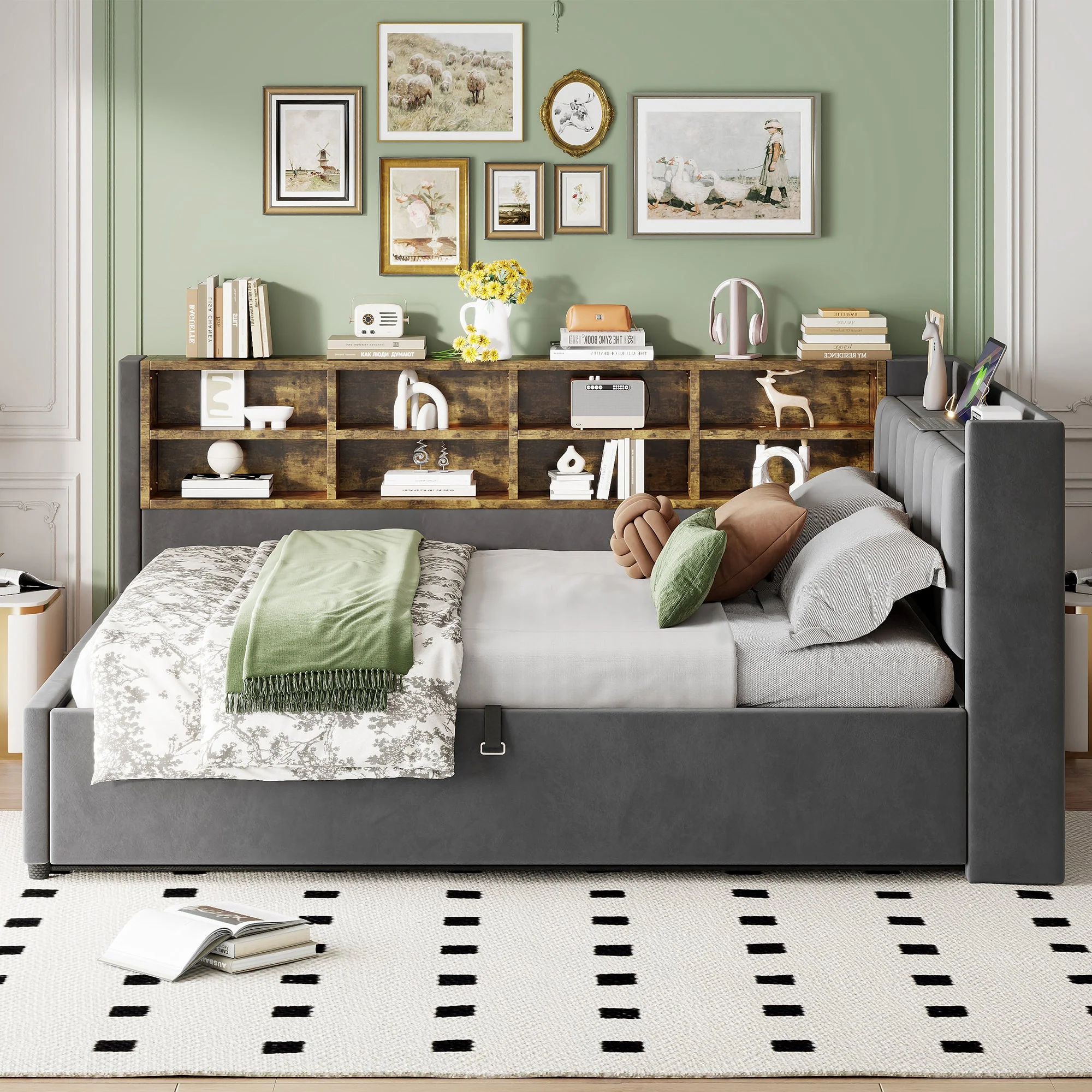 Upholstered Bed/Sofa Bed 140x200 Hydraulic Storage USB Night Light Velvet Dark Grey - Image 3