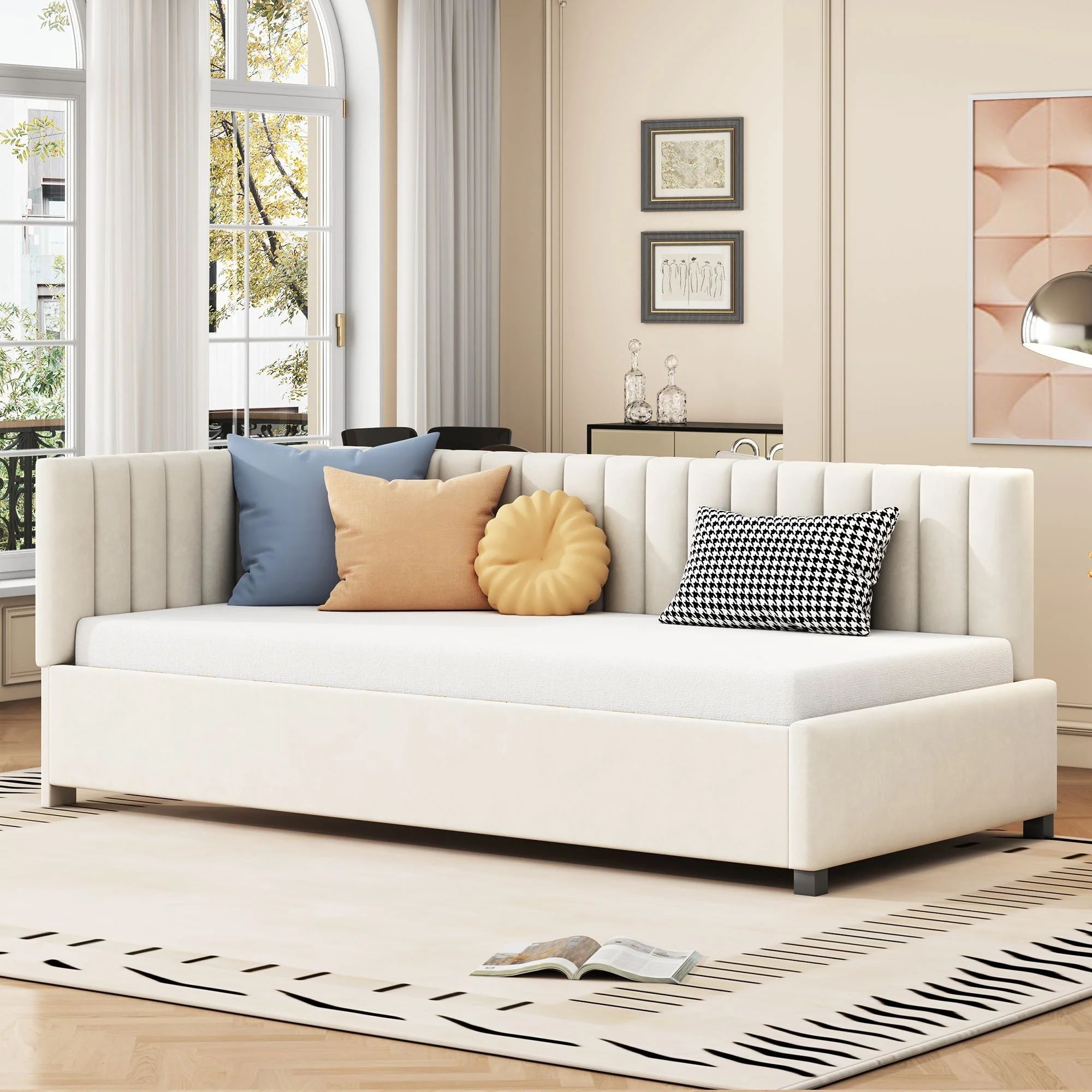 Upholstered Bed Sofa Bed, 90x200 Multifunctional with Slatted Frame, Beige Velvet Fabric - Image 2