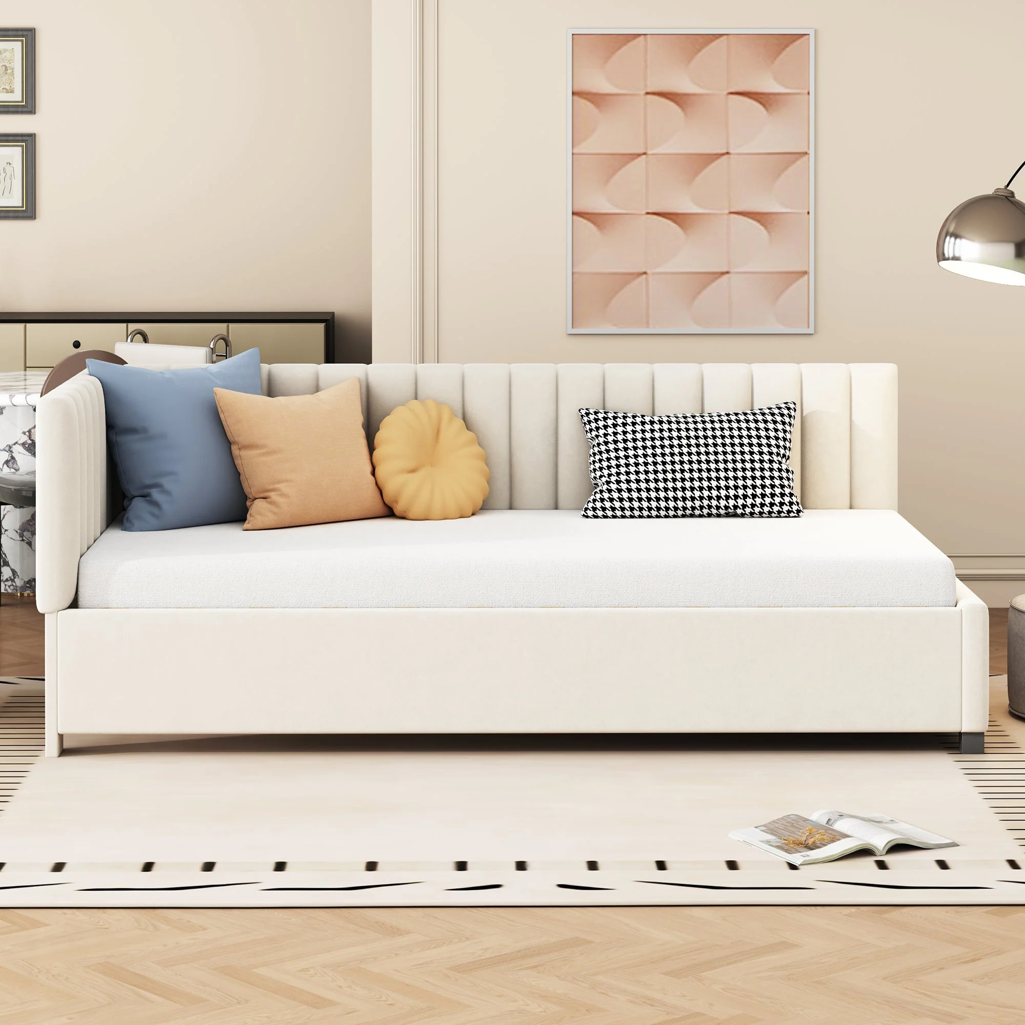Upholstered Bed Sofa Bed, 90x200 Multifunctional with Slatted Frame, Beige Velvet Fabric - Image 3