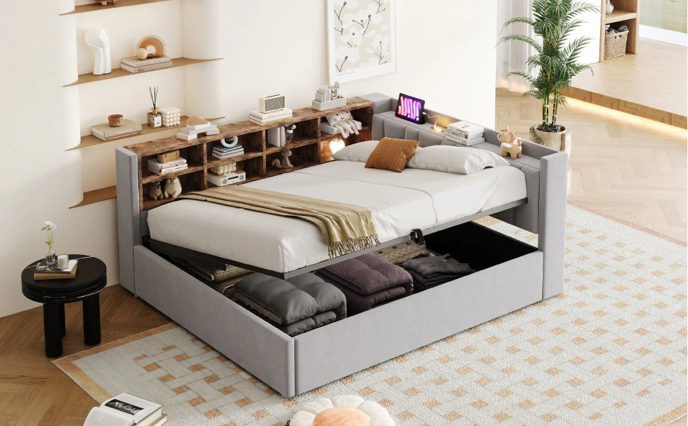 Upholstered Bed/Sofa Bed with Hydraulic Storage, USB Charging and Night Light, 140x200cm, Light Grey Velvet Fabric - Image 5