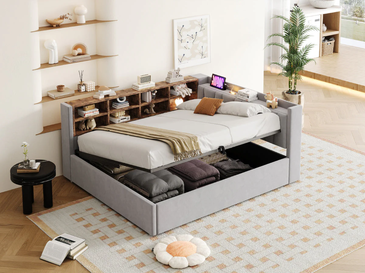 Upholstered Bed/Sofa Bed with Hydraulic Storage, USB Charging and Night Light, 140x200cm, Light Grey Velvet Fabric - Image 6