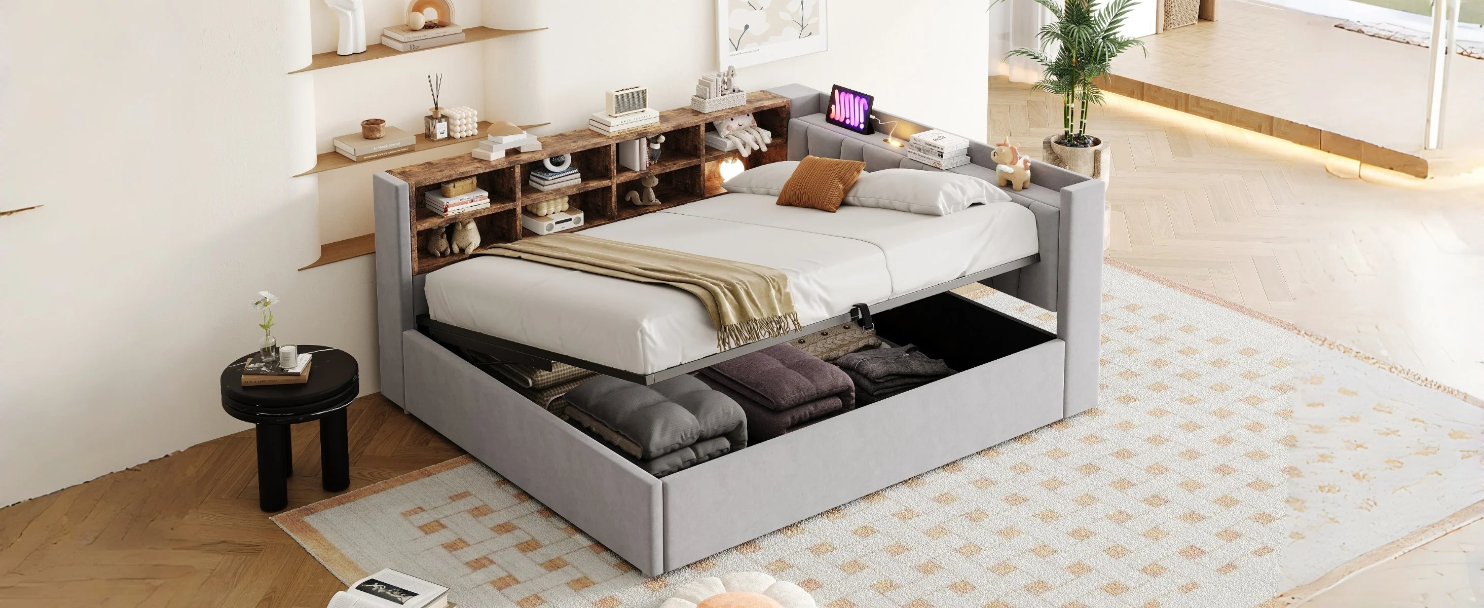Upholstered Bed/Sofa Bed with Hydraulic Storage, USB Charging and Night Light, 140x200cm, Light Grey Velvet Fabric - Image 7