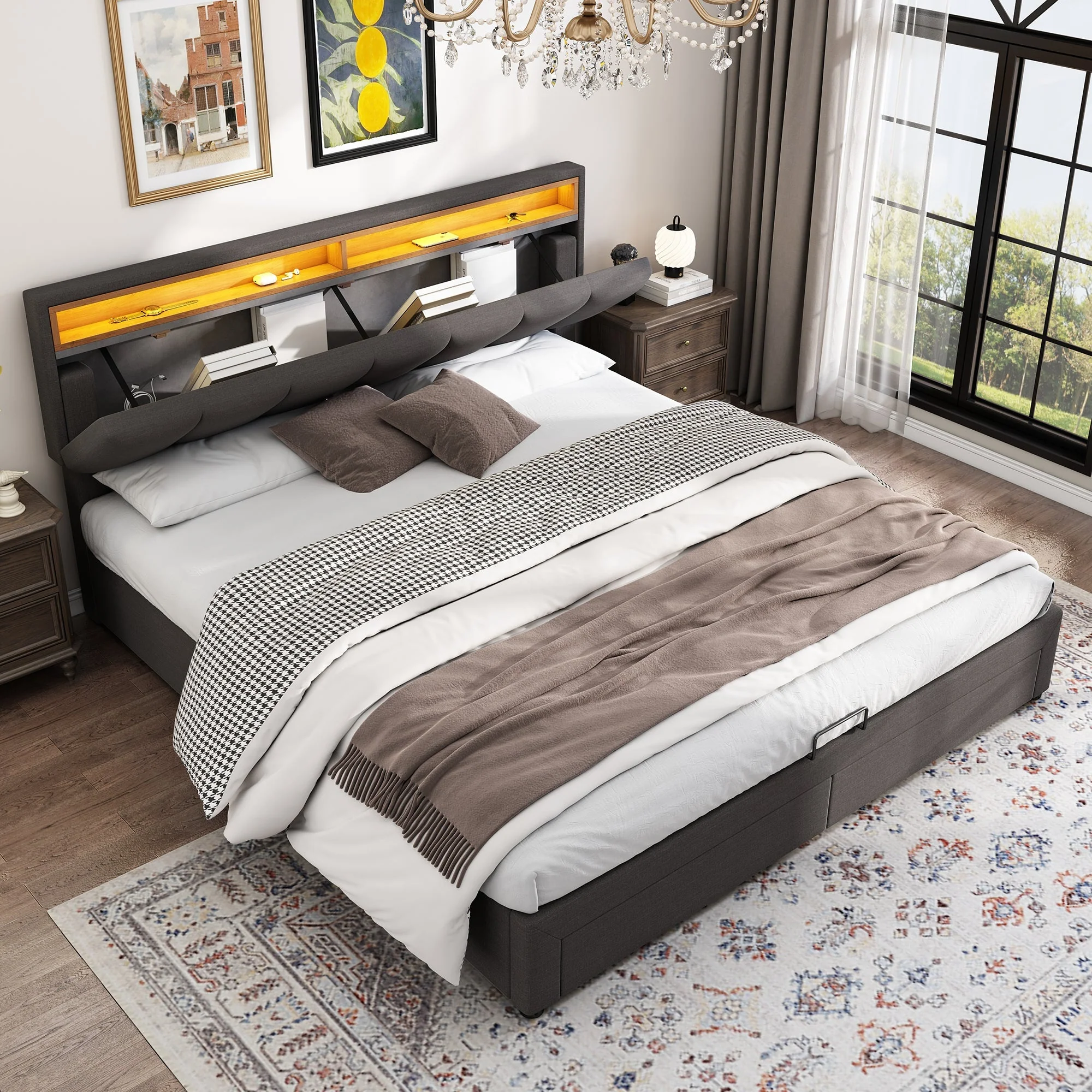 Upholstered Bed, Super King 6ft Hydraulic Storage with LED Lighting, Linen Grey - Image 2