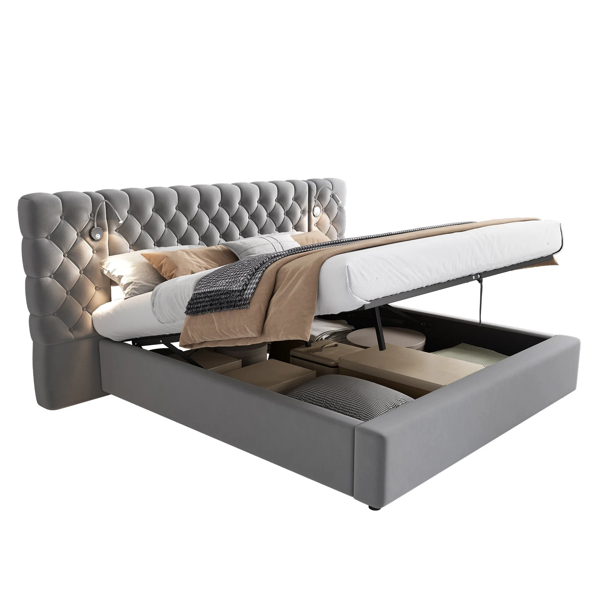 Upholstered Bed, Super King Size 6ft Hydraulic Storage Bed with Reading Light and Wide Headboard, Velvet, Grey - Image 7